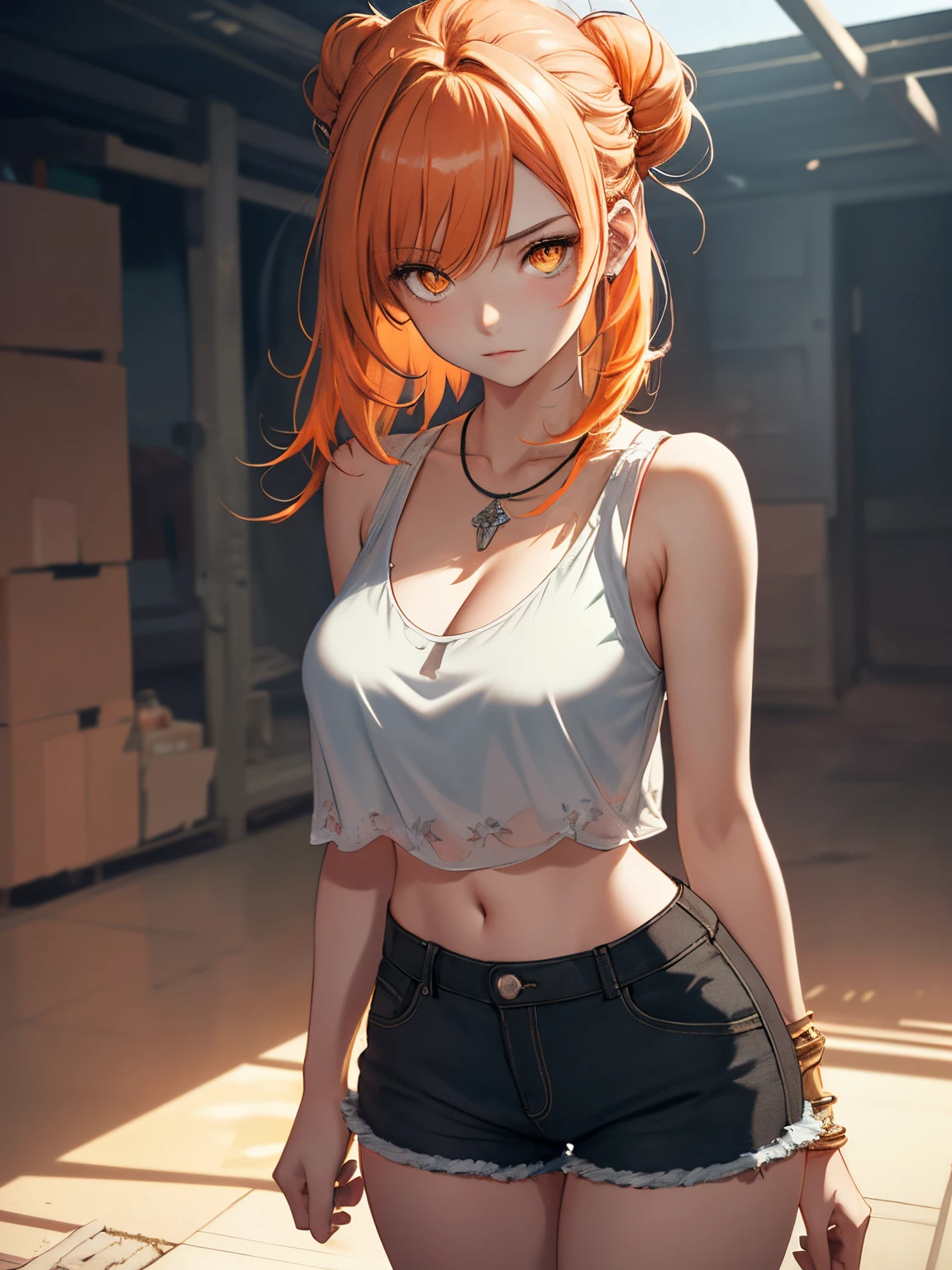 realistic, Beautiful detailed girl, clear and beautiful, Personage as the main perspective, shiny_skin, girl,woman,female, young,25 years old, (medium hair), bangs, hair bun, sidelocks, orange hair, beautiful detailed Glass hair, pink streaked hair,beautiful detailed cold face, cold expression, complex details beautiful and delicate eyes, fingernails, medium_breasts, , orange eyes, Authentic skin texture, piercing, necklace, tank_top, short_shorts, knee_boots, bloom,(line art:1.2),realistic illustration,unreal engine,(GoPro),insanely detailed,perfect shading