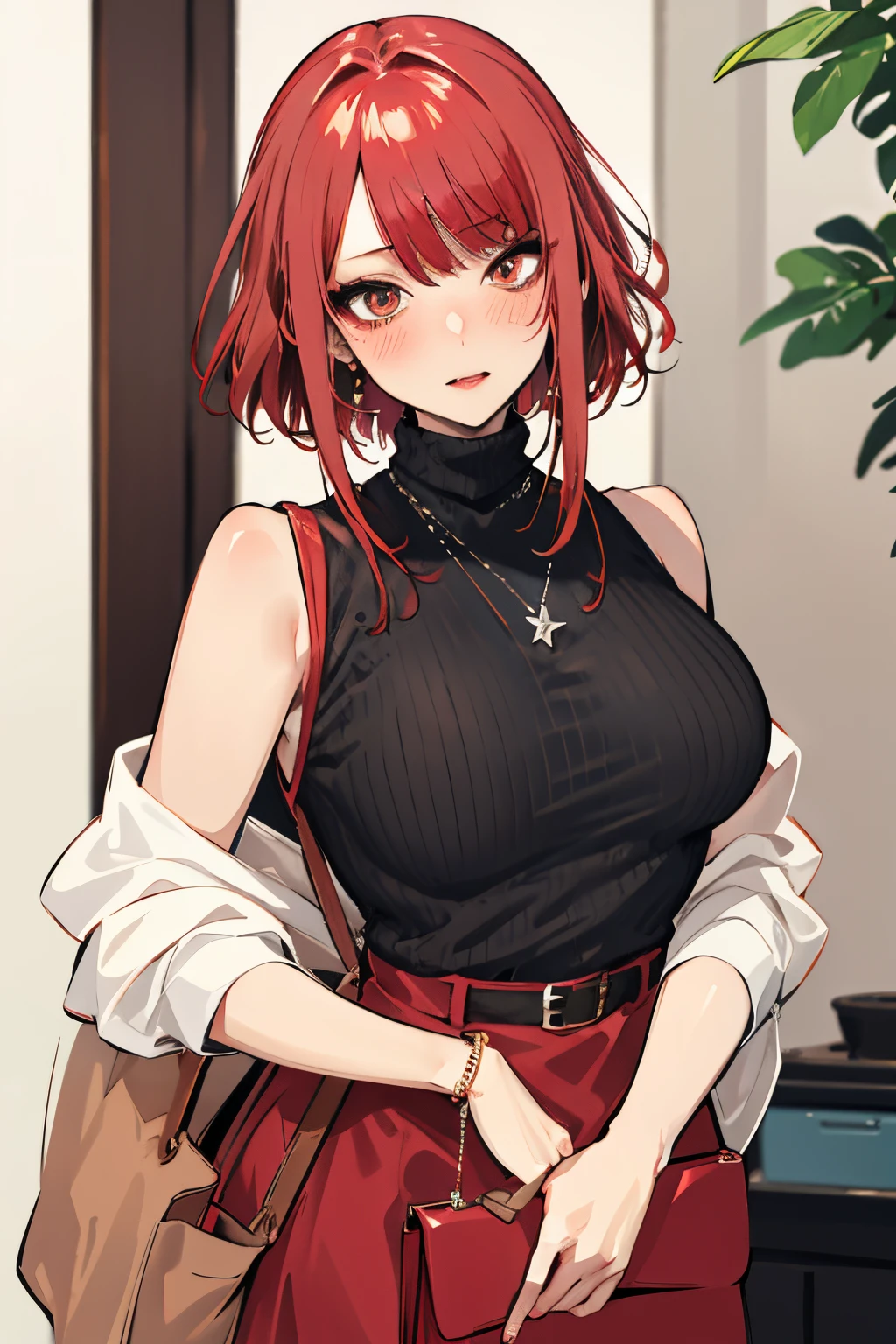 masterpiece, best quality, PIXIV, cowboy shot, red hair,
1girl, breasts, blush, sleeveless,jewelry, looking at viewer, skirt, necklace, solo, bag, sweater, turtleneck, sleeveless turtleneck, jacket, sleeveless sweater, long skirt, medium hair, handbag