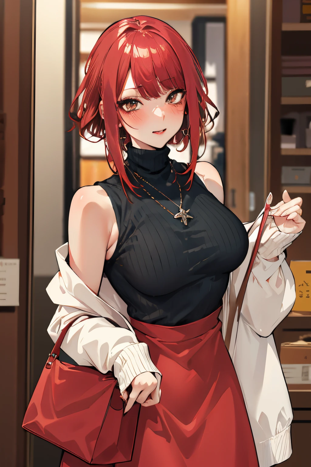 masterpiece, best quality, PIXIV, cowboy shot, red hair,
1girl, breasts, blush, sleeveless,jewelry, looking at viewer, skirt, necklace, solo, bag, sweater, turtleneck, sleeveless turtleneck, jacket, sleeveless sweater, long skirt, medium hair, handbag
<lora:Corporate girl:1>