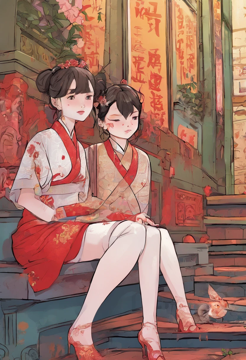 Two girls go upstairs, Wear Chinese embroidered clothing,Extensive ulceration of the girl's skin,Blood donation oozes,Bleeding from seven holes,There are maggots crawling on the body