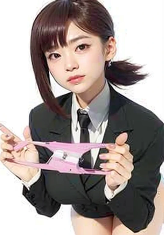 Japanese girl, knife, white suite, three red hairclip