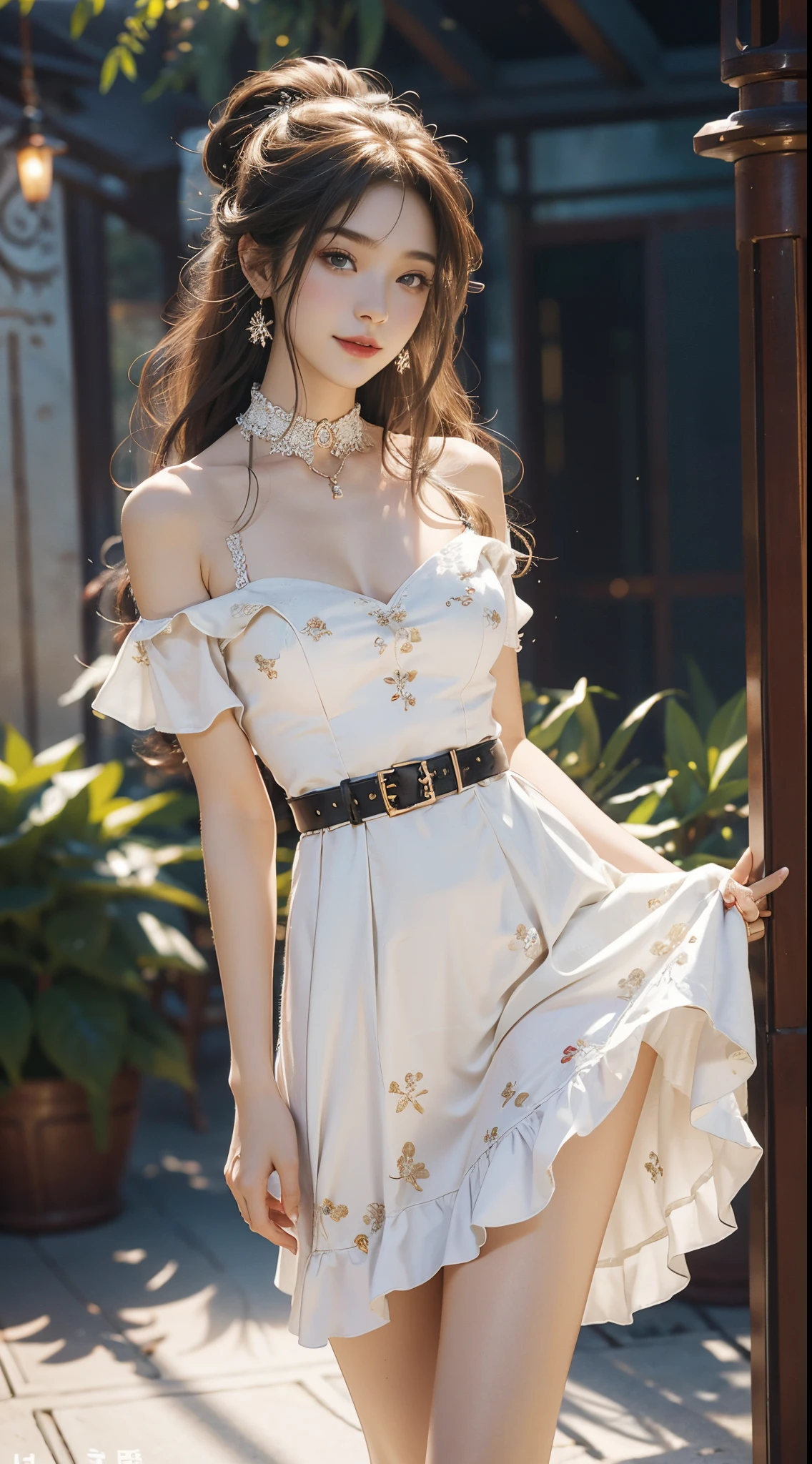 ((realistic)), a young girl, beautiful teenage girl, White floral dress, high-waist, Nice belt, cropped shoulders, slim, Slimming the waist, high-heels, Shy, grin, 耳Nipple Ring、choker necklace、Hairpins，Heavy makeup，Gorgeous eye makeup，extremely beautiful eyes, golden hair, curlies, Long flowing hair, simple backgound, In the gazebo, standing on your feet, leaning against pillars, Cross ed leg, Flirting skirts, posed for photo, posing elegantly, Random shooting angle, warm lights, a warm color palette, Professional lighting, フォトンマッピング, ラジオシティ, Physically-based rendering, RAW photos, Best quality, beauitful face,  Beautiful skins， Attractive， 超高分辨率， ultra real photo