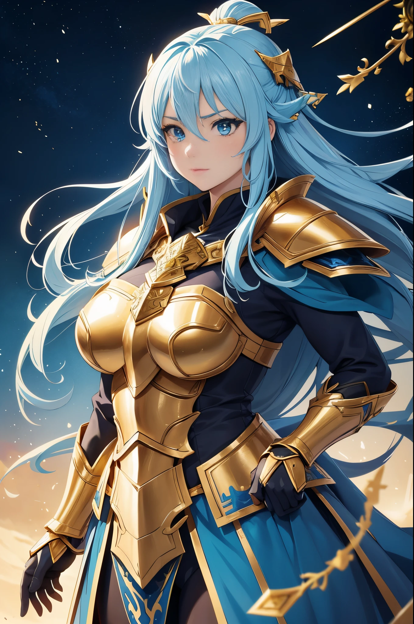 anime, young woman, alone, War Maiden, half up, blue eyes, model, beautiful, Half Body Portrait, fantasy, battlefield , big breasts , armor