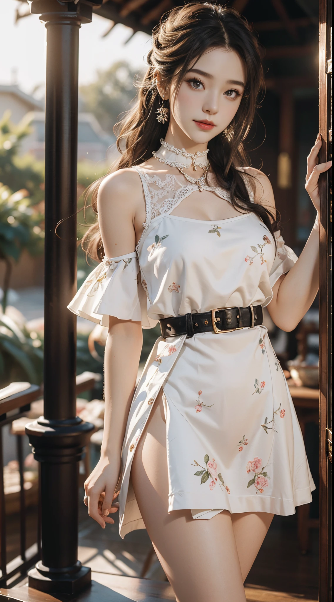 ((realistic)), a young girl, beautiful teenage girl, White floral dress, high-waist, Nice belt, cropped shoulders, slim, Slimming the waist, high-heels, Shy, grin, 耳Nipple Ring、choker necklace、Hairpins，Heavy makeup，Gorgeous eye makeup，extremely beautiful eyes, golden hair, curlies, Long flowing hair, simple backgound, In the gazebo, standing on your feet, leaning against pillars, Cross ed leg, Flirting skirts, posed for photo, posing elegantly, Random shooting angle, warm lights, a warm color palette, Professional lighting, フォトンマッピング, ラジオシティ, Physically-based rendering, RAW photos, Best quality, beauitful face,  Beautiful skins， Attractive， 超高分辨率， ultra real photo