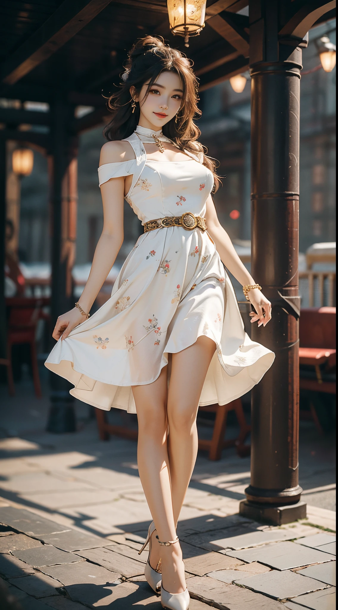 ((realistic)), a young girl, beautiful teenage girl, White floral dress, high-waist, Nice belt, cropped shoulders, slim, Slimming the waist, high-heels, Shy, grin, 耳Nipple Ring、choker necklace、Hairpins，Heavy makeup，Gorgeous eye makeup，extremely beautiful eyes, golden hair, curlies, Long flowing hair, simple backgound, In the gazebo, standing on your feet, leaning against pillars, Cross ed leg, Flirting skirts, posed for photo, posing elegantly, Random shooting angle, warm lights, a warm color palette, Professional lighting, フォトンマッピング, ラジオシティ, Physically-based rendering, RAW photos, Best quality, beauitful face,  Beautiful skins， Attractive， 超高分辨率， ultra real photo