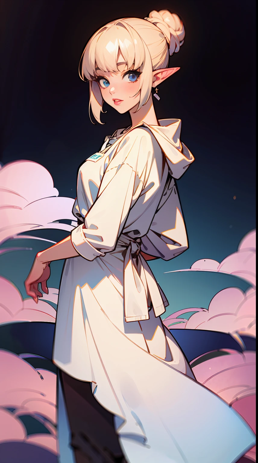 1 elf girl, silver blonde hair, Deep Blue Eyes, very short hair, half updo hair, bangs, light pink lips, hooded sweatshirt waist apron loafers, decadent countryside daytime, close to viewer. By Yusuke Murata