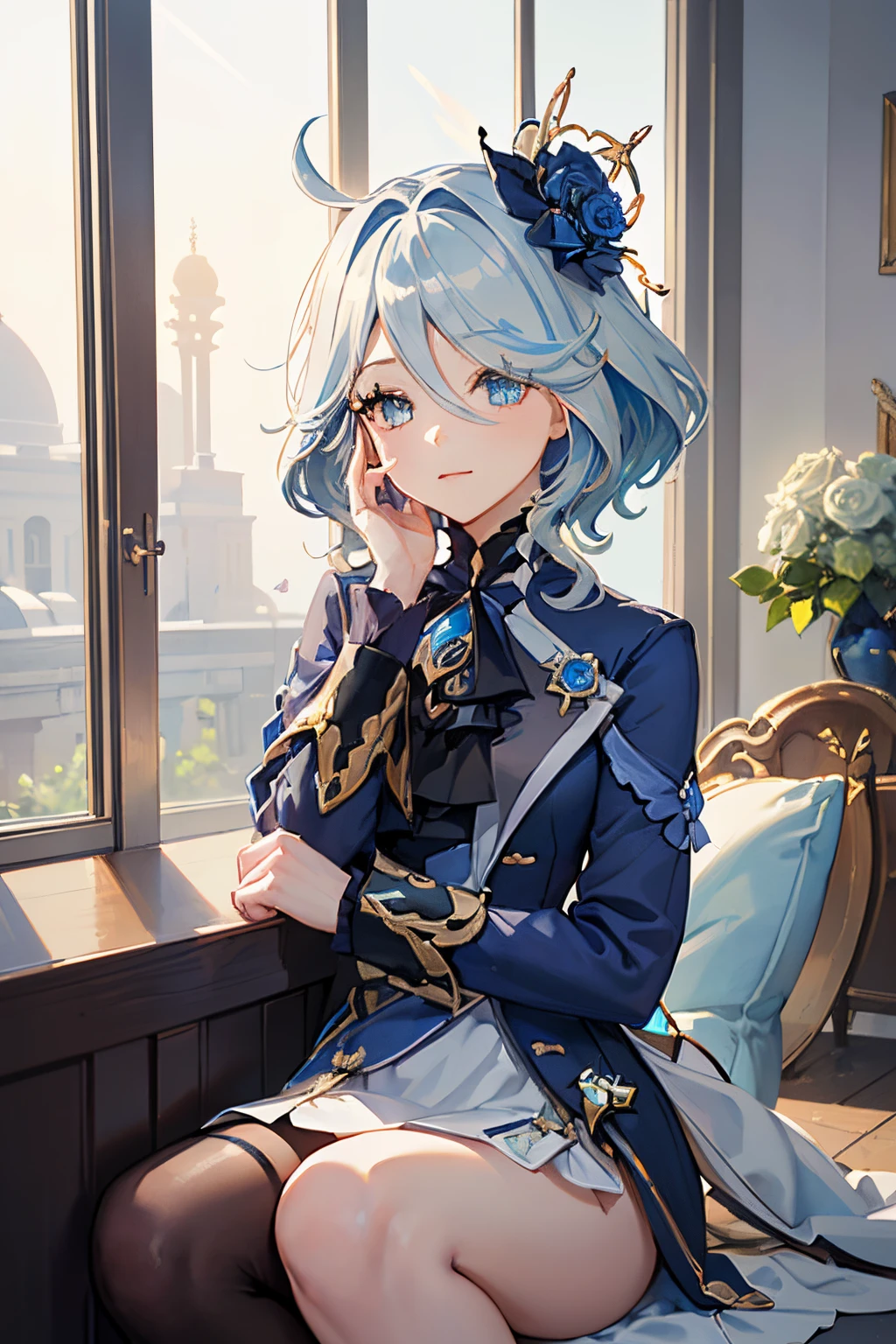 Friner, surrealism, 8K, yes, Super detail, Hydroelectric Akron, upper legs, Sitting, ??? face, Smug, Beautiful eyes, Masterpiece, high resolution, 8K, anime woman, Delicate and meticulous text 、detailed digital illustration、(((Genshin Impact))、Shiny hair、A very beautiful woman、High image quality, High quality、Detailed background、The inside of the eye sparkles like a diamond、(((Blue hair)))、(((sweeping bangs)))、Gradient pupils、(((2 arms、4 fingers, 1 thumb)))、detailed feminine face、A very beautiful woman、、细致背景、tmasterpiece、Soft focus , Bright gradient watercolor , Lens flare , (((glitters))) , Glow , Dreamy ,、((Very beautiful light blue rose hair ornament)), Luxury room background