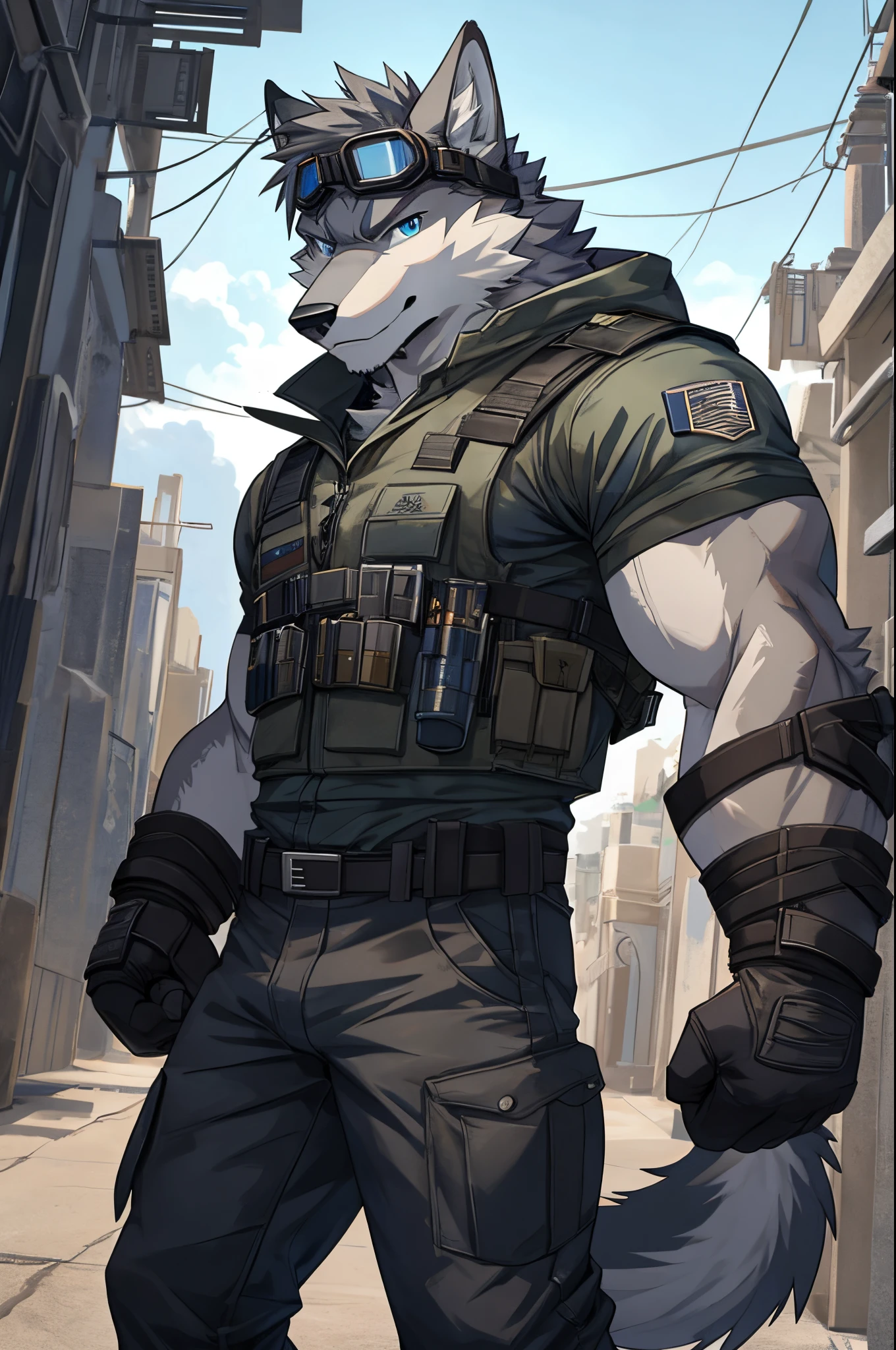 Masterpiece, Solo, Furry Gray Wolf, Gray Fur, Blue Eyes, Gray Short Hair, Medium Muscular Body, Adult, Cool Pose, Handsome, Combat Shirt, Combat Gloves, Combat Pants, Goggles, Good Looking, Fierce.