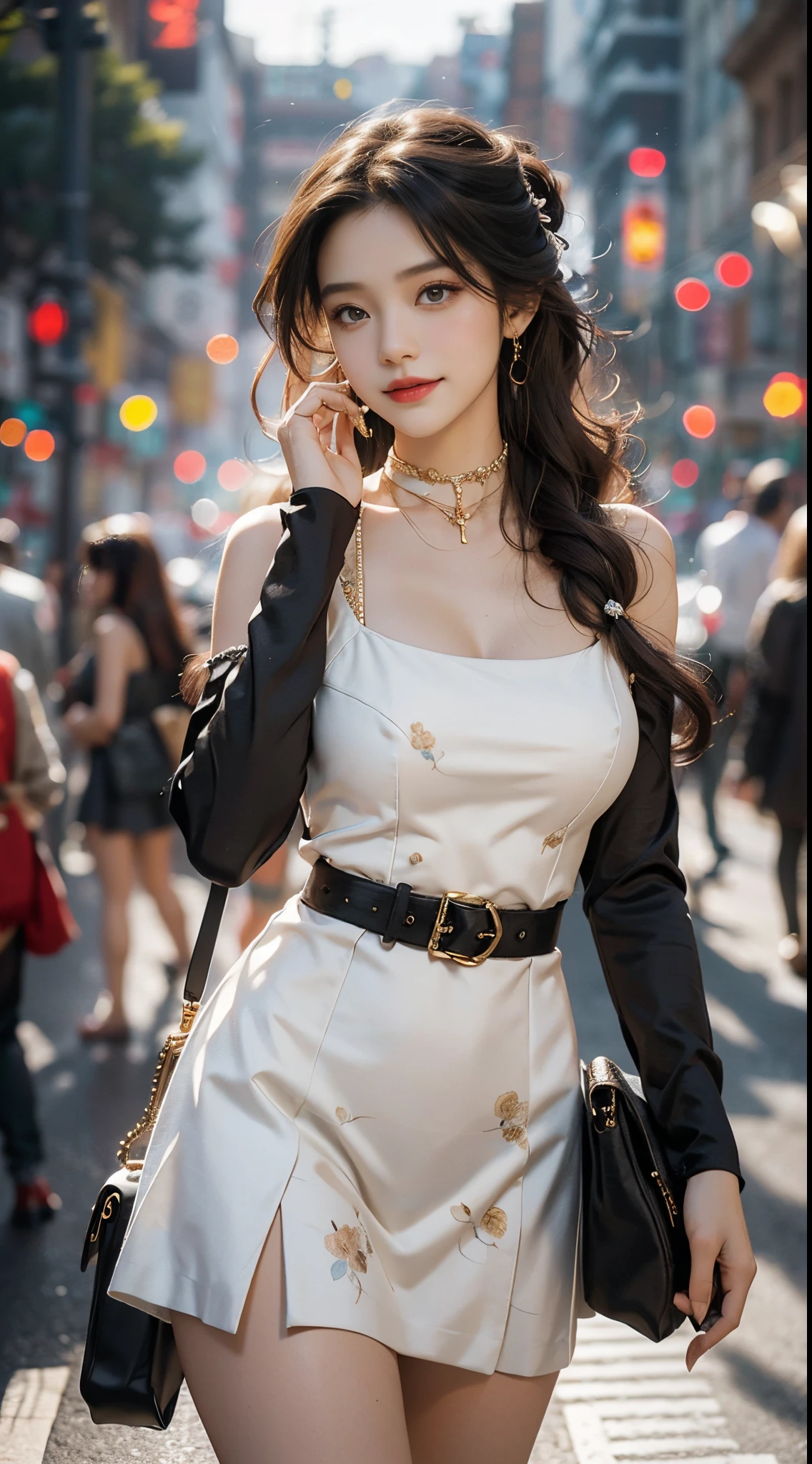 ((realistic)), a young girl, beautiful age girl, White floral dress, high-waist, Nice belt, cropped shoulders, slim, Slimming the waist, high-heels, Shy, grin, 耳Nipple Ring、choker necklace、Hairpins,Heavy makeup,Gorgeous eye makeup,extremely beautiful eyes, golden hair, curlies, Long flowing hair, simple backgound, Street photography, walking casually, Cross ed leg, Flirting skirts, posed for photo, posing elegantly, Random shooting angle, warm lights, a warm color palette, Professional lighting, フォトンマッピング, ラジオシティ, Physically-based rendering, RAW photos, Best quality, beauitful face, Beautiful skins, Attractive, 超高分辨率, ultra real photo
