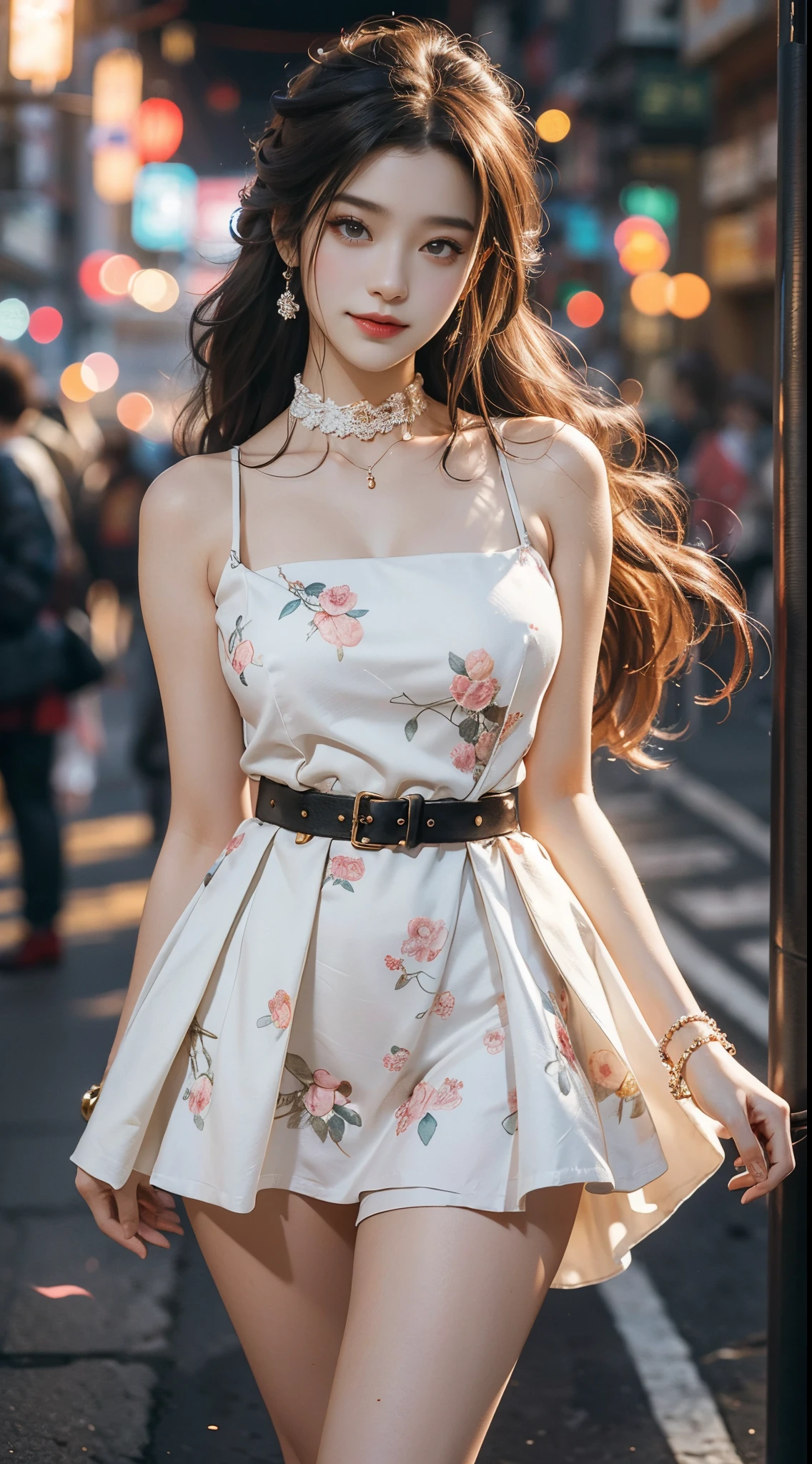 ((realistic)), a young girl, beautiful teenage girl, White floral dress, high-waist, Nice belt, cropped shoulders, slim, Slimming the waist, high-heels, Shy, grin, 耳Nipple Ring、choker necklace、Hairpins，Heavy makeup，Gorgeous eye makeup，extremely beautiful eyes, golden hair, curlies, Long flowing hair, simple backgound, Street photography, walking casually, Cross ed leg, Flirting skirts, posed for photo, posing elegantly, Random shooting angle, warm lights, a warm color palette, Professional lighting, フォトンマッピング, ラジオシティ, Physically-based rendering, RAW photos, Best quality, beauitful face,  Beautiful skins， Attractive， 超高分辨率， ultra real photo