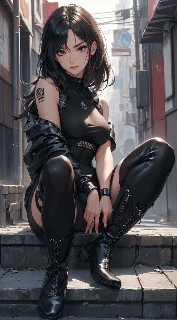 (((8k wallpaper of extremely detailed CG unit:1.2, masterpiece, hight resolution:1.2, top-quality:1.2, masutepiece))), ((a very beautiful woman, Woman sitting on stairs:1.5, Upper body focus:1.8, kick while sitting, foot out of frame:1.5)), ((extra detailed face, Highly detailed black eyes, extra detailed body, Top quality real texture skins)), (Black straight hair, de pele branca, Small, wearing tights and boots, street wear:1.2, Cyberpunk costumes), ((Empty alley, Mileland)), High angle:1.8, hyper realisitic, digitial painting,