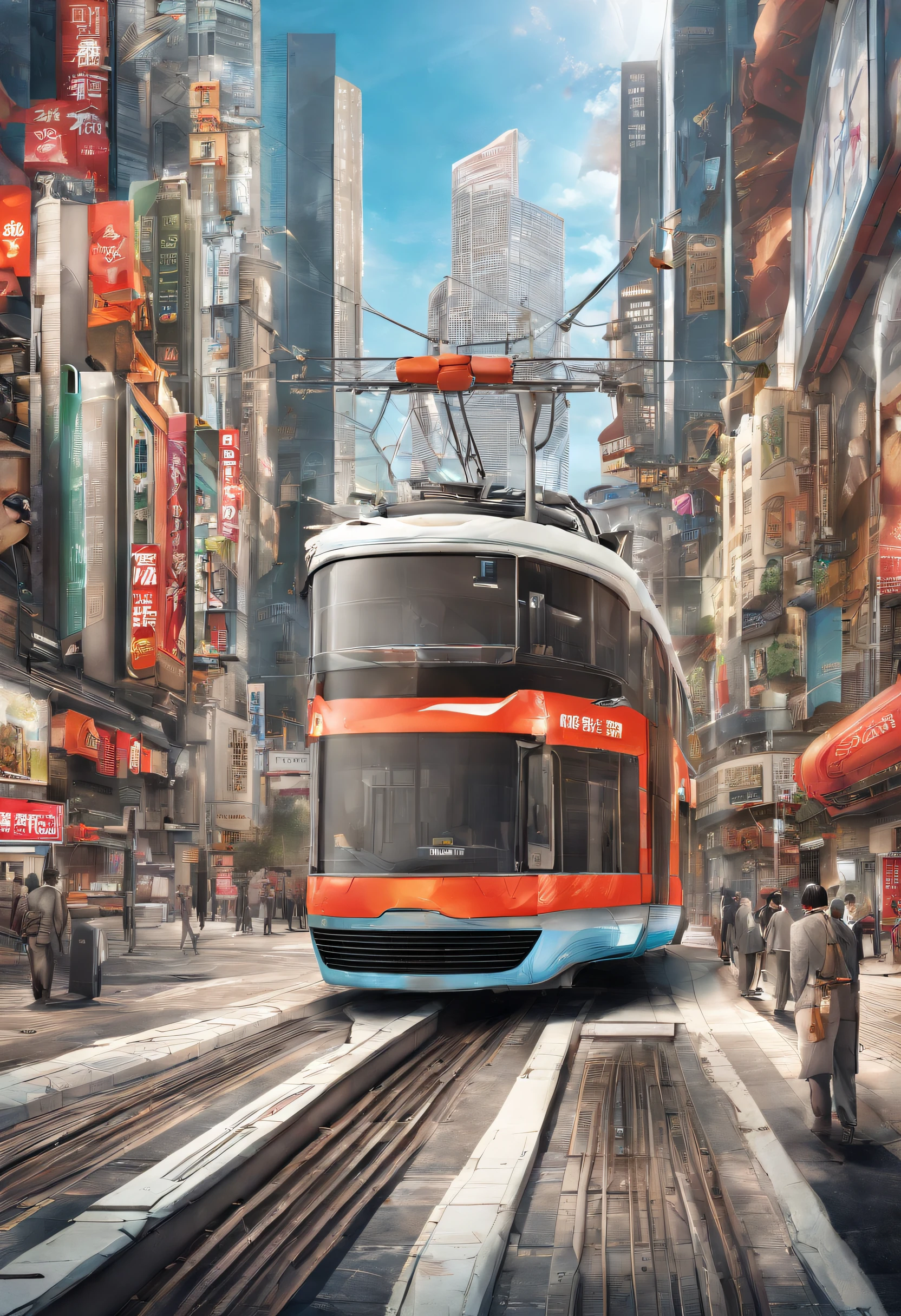 masutepiece、A hyper-realistic、Photorealsitic、Tram in the shape of Thomas the Tank Engine