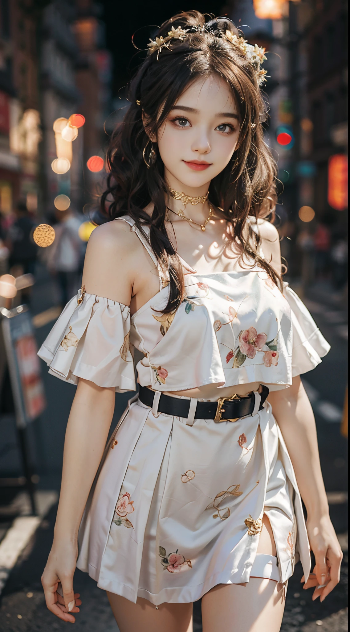 ((realistic)), a young girl, beautiful teenage girl, White suspender floral skirt, high-waist, Nice belt, cropped shoulders, slim, Slimming the waist, high-heels, Shy, grin, 耳Nipple Ring、choker necklace、Hairpins，Heavy makeup，Gorgeous eye makeup，extremely beautiful eyes, golden hair, curlies, Long flowing hair, simple backgound, Street photography, walking casually, Cross ed leg, Flirting skirts, posed for photo, posing elegantly, Random shooting angle, warm lights, a warm color palette, Professional lighting, フォトンマッピング, ラジオシティ, Physically-based rendering, RAW photos, Best quality, beauitful face,  Beautiful skins， Attractive， 超高分辨率， ultra real photo