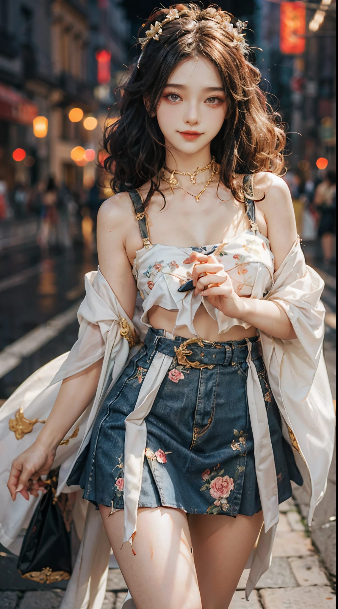 ((realistic)), a young girl, beautiful teenage girl, White suspender floral skirt, high-waist, Nice belt, cropped shoulders, slim, Slimming the waist, high-heels, Shy, grin, 耳Nipple Ring、choker necklace、Hairpins，Heavy makeup，Gorgeous eye makeup，extremely beautiful eyes, golden hair, curlies, Long flowing hair, simple backgound, Street photography, walking casually, Cross ed leg, Flirting skirts, posed for photo, posing elegantly, Random shooting angle, warm lights, a warm color palette, Professional lighting, フォトンマッピング, ラジオシティ, Physically-based rendering, RAW photos, Best quality, beauitful face,  Beautiful skins， Attractive， 超高分辨率， ultra real photo