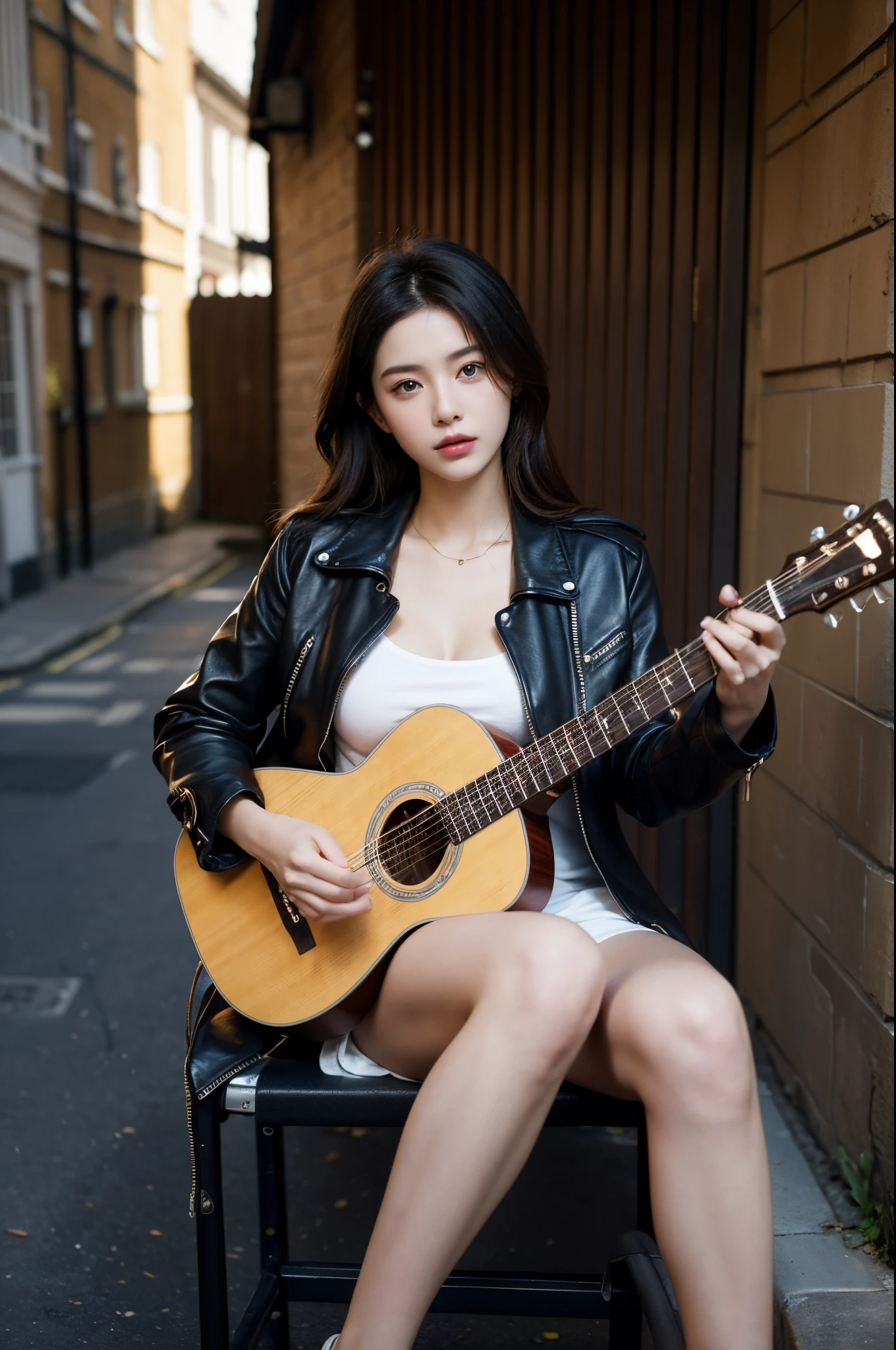 8k, top-quality, (pubic hair beauty)、hight resolution, 逼真, realperson, backyard alley, London Style, Tangled, cinematic lighting soft lighting、A musician wearing a leather jacket is sitting and glaring at me.、a beauty girl、huge tit、beauty legs、guitar