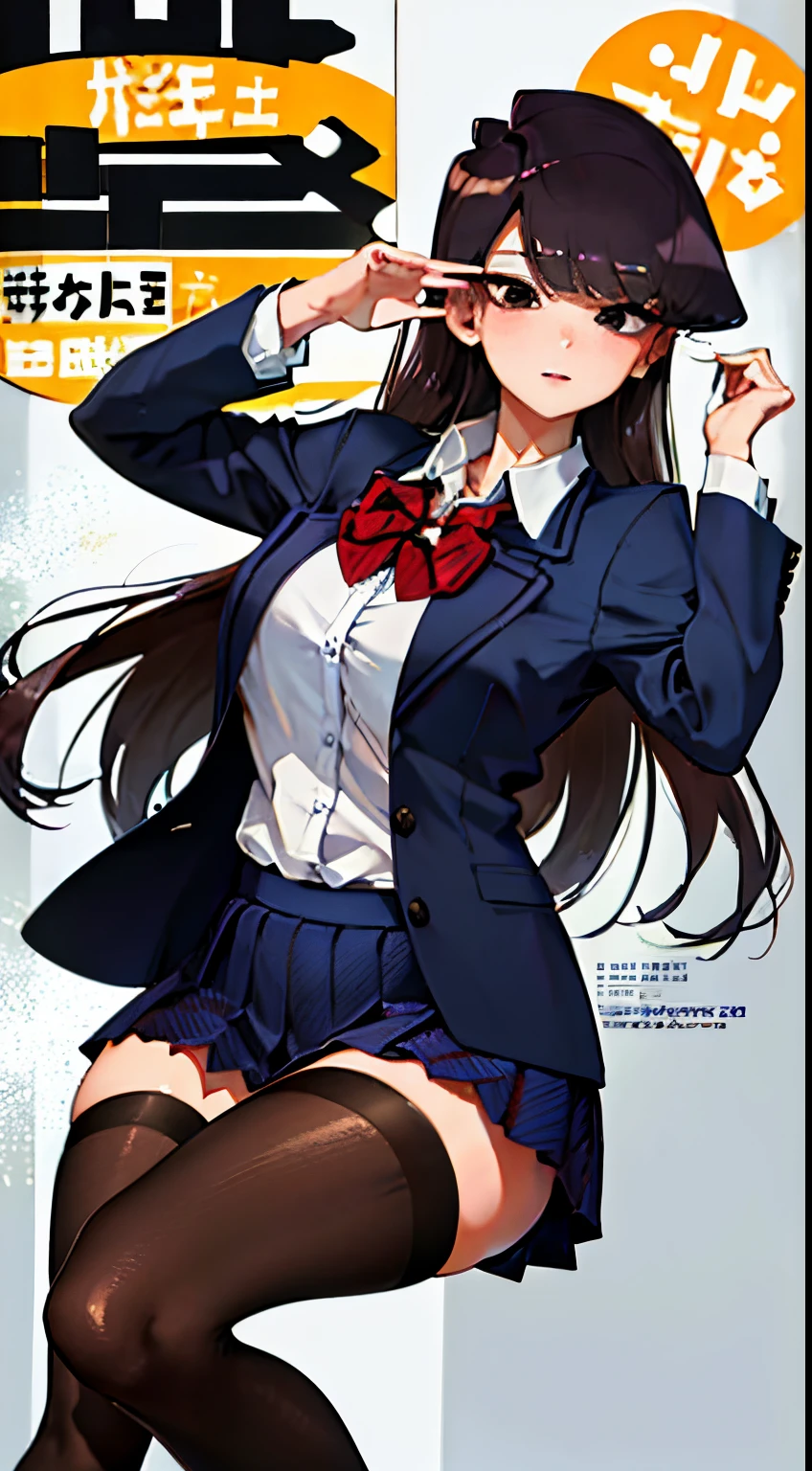 komi shouko,brunette color hair,Fleshy thighs,Fashion magazine cover title,Poster publicity style,Japanese-style school uniform,Pose,C cup,Happy expression,Black broken stockings