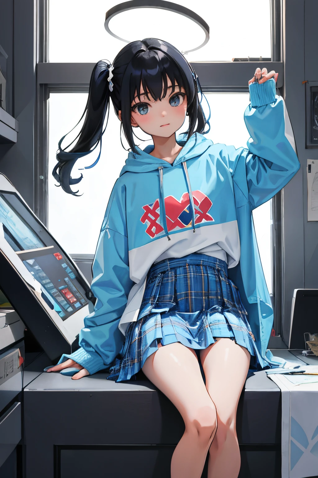 child,(masterpiece,Highest Quality),Light blue sheer hoodie,plaid skirts,A dark-haired,Twin-tailed