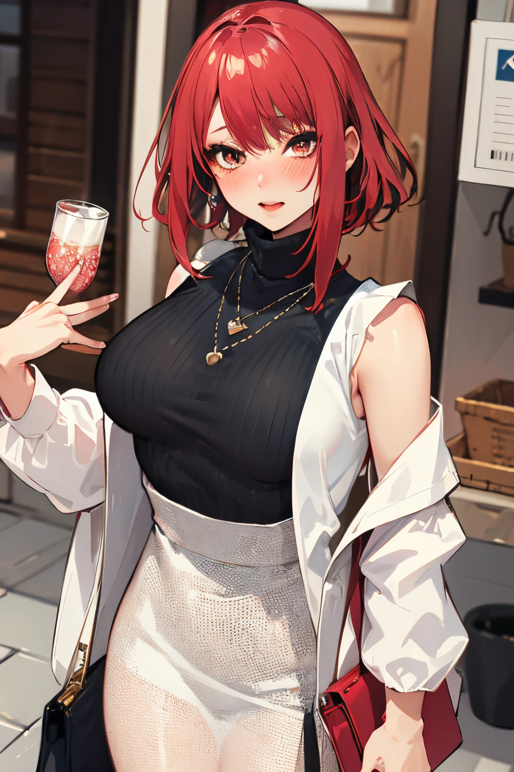 masterpiece, best quality, PIXIV, cowboy shot, red hair,
1girl, breasts, blush, sleeveless,jewelry, looking at viewer, skirt, necklace, solo, bag, sweater, turtleneck, sleeveless turtleneck, jacket, sleeveless sweater, long skirt, medium hair, handbag