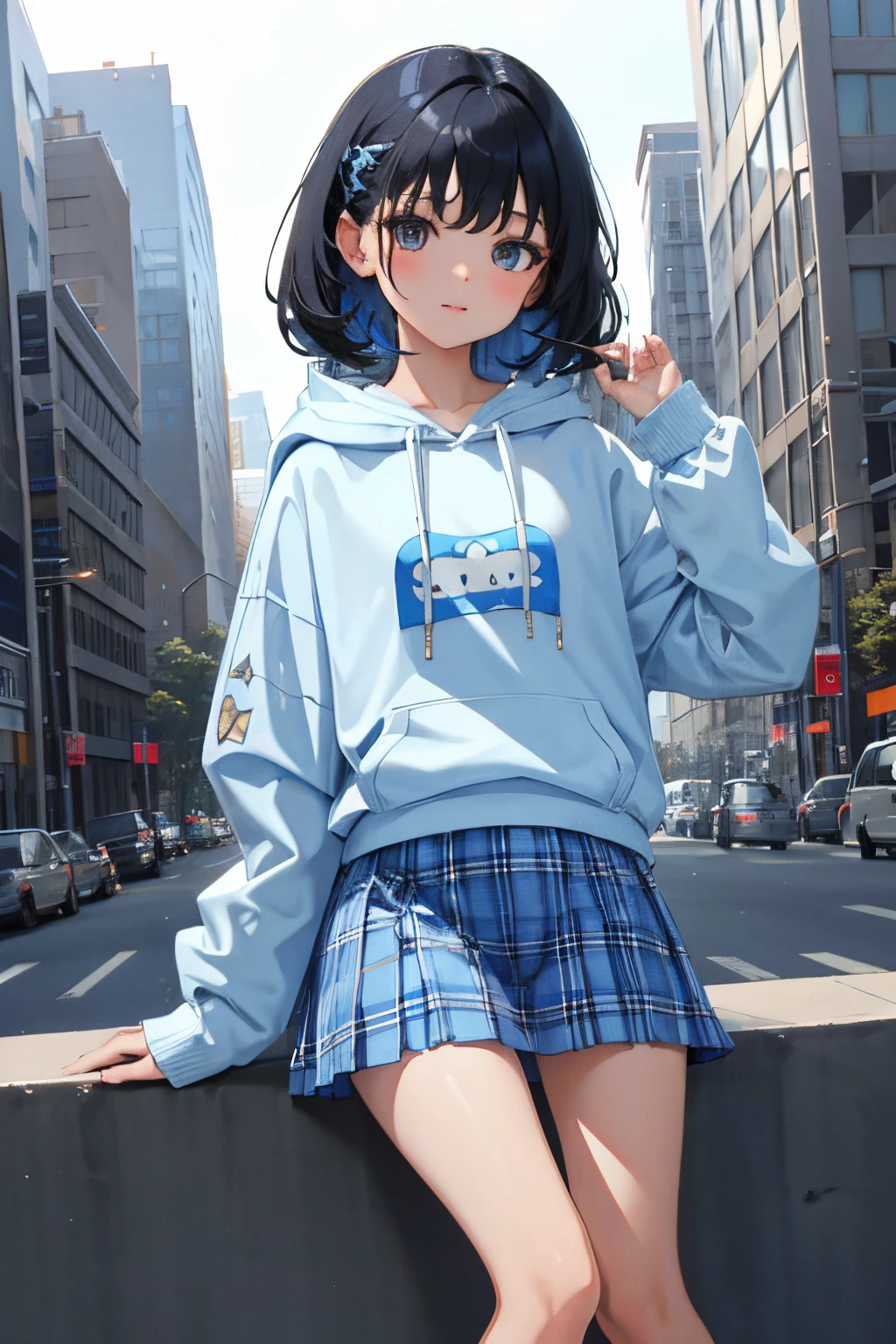 ,(masterpiece,Highest Quality),Light blue hoodie,(gypsy skirt),shortsleeves,A dark-haired