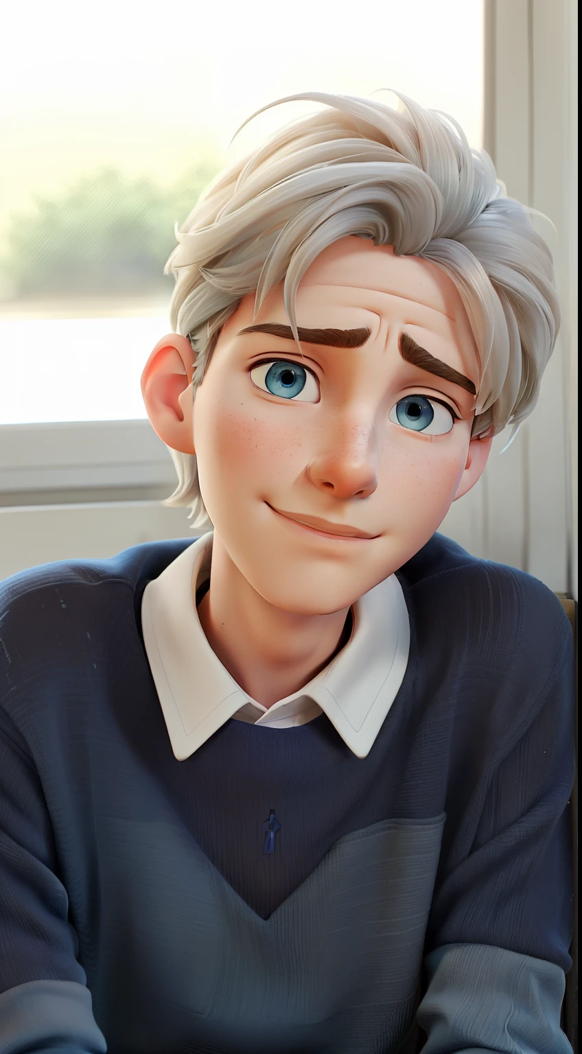 there is a man that is sitting down with a cell phone, androgynous face, androgynous person, beautiful man, portrait of a man, androgynous male, attractive androgynous humanoid, delicate androgynous prince, beautiful androgynous prince, sweaty face, boyish face, blue eyes, manly jawline