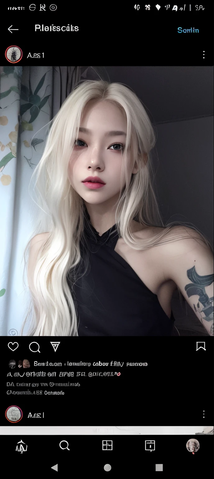 a close-up of a person with long hair and a tattoo on their arm, her hair is white, cruel korean goth girl, com cabelos longos brancos, very very pale blond hair, extremely pale blond hair, com longos cabelos brancos, com longos cabelos loiros, Parque Roseanne do Blackpink, pale hair, ela tem cerca de 20 anos, ela tem cerca de 2 0 anos