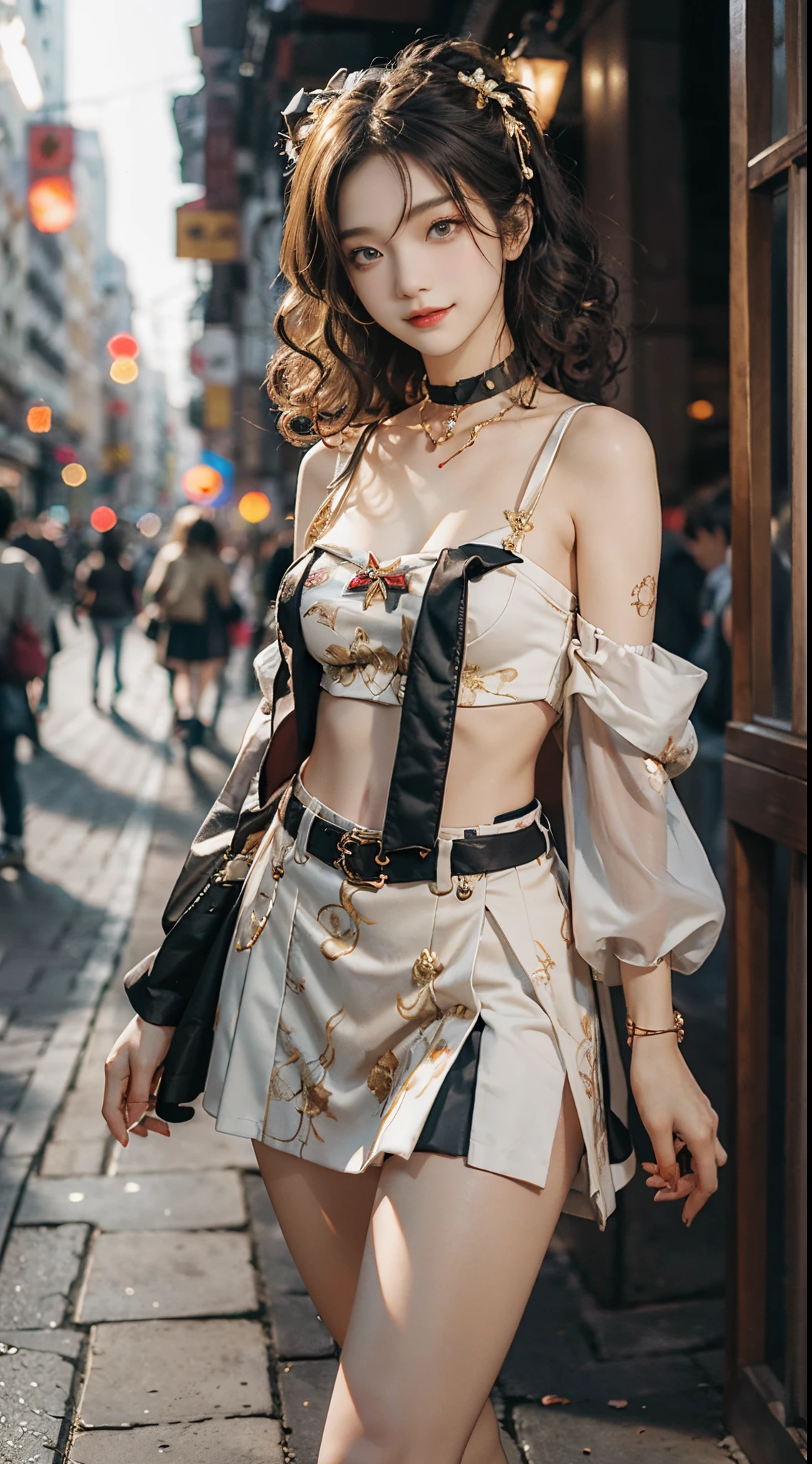 ((realistic)), a young girl, beautiful teenage girl, White suspender floral skirt, high-waist, Nice belt, cropped shoulders, slim, Slimming the waist, high-heels, Shy, grin, 耳Nipple Ring、choker necklace、Hairpins，Heavy makeup，Gorgeous eye makeup，extremely beautiful eyes, golden hair, curlies, Long flowing hair, simple backgound, Street photography, walking casually, Cross ed leg, Flirting skirts, posed for photo, posing elegantly, Random shooting angle, warm lights, a warm color palette, Professional lighting, フォトンマッピング, ラジオシティ, Physically-based rendering, RAW photos, Best quality, beauitful face,  Beautiful skins， Attractive， 超高分辨率， ultra real photo