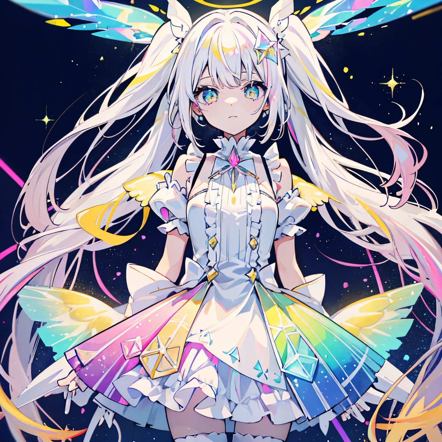 girl with,de pele branca,girl'Body of々Contains rainbow colors,White hair,Hair that alternates between white and yellow,hair々contains yellow,Twin-tailed,Rainbow-colored crystal hair ornament tied into twin tails, Blue-green eyes,There are flower patterns in the eyes,magical girl,White and pink clothes,pink frills on white skirt,White tights,light blue crystal magic wand,girl with a crystal wand,Iridescent prism,rainbow crystal wings,Iridescent glow