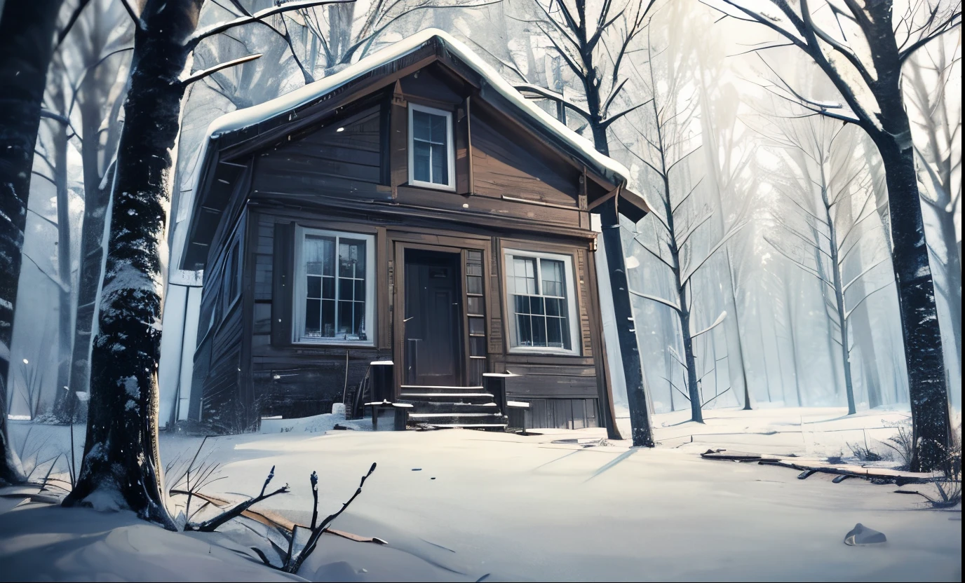 As the snow falls softly on the forest floor, a sense of calmness envelops the abandoned house. The broken windows and desolate surroundings only add to the mysterious and haunting atmosphere. This winter, take a journey through the gloomy woods and discover the secrets hidden within. --auto --s2