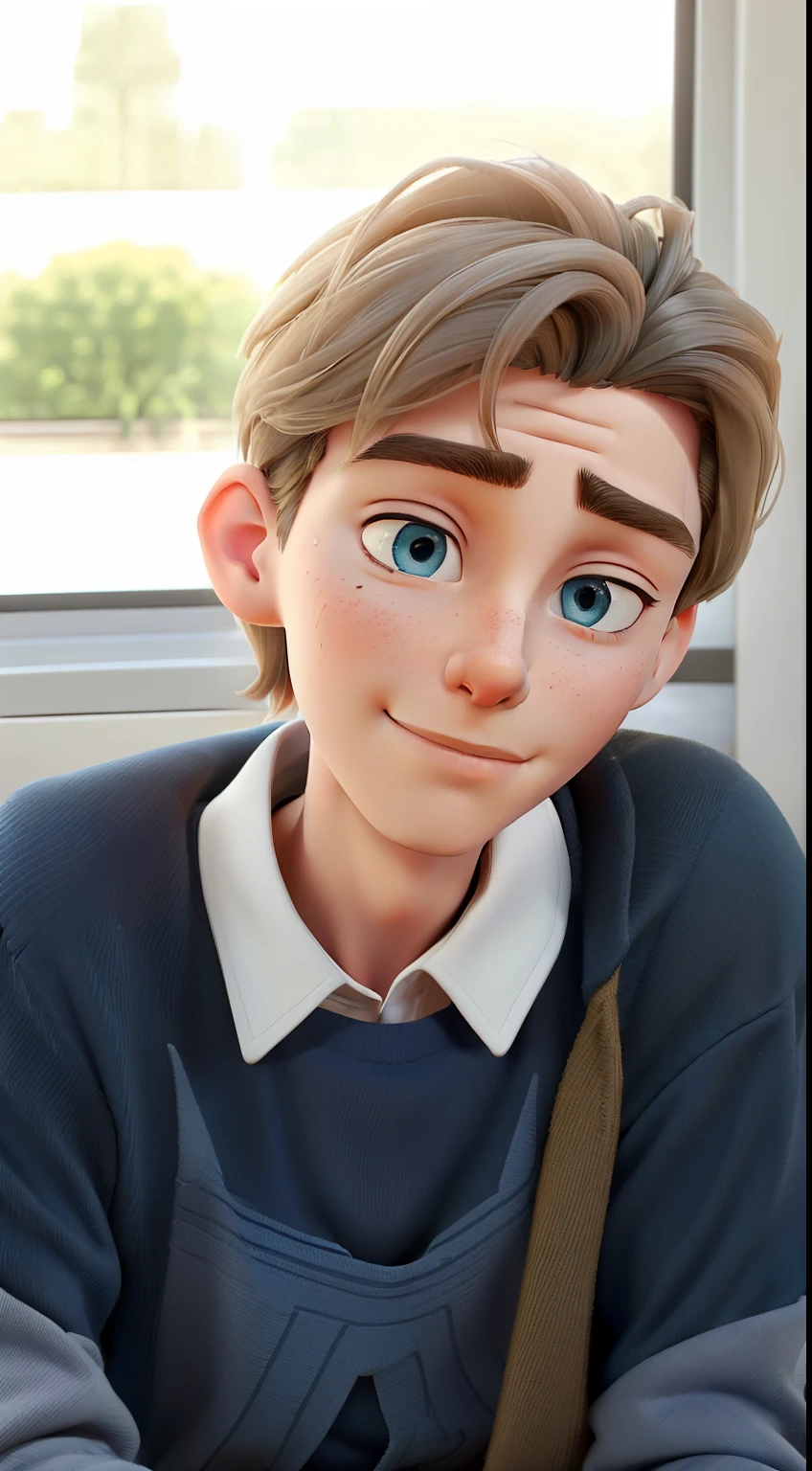 there is a man that is sitting down with a cell phone, androgynous face, androgynous person, beautiful man, portrait of a man, androgynous male, attractive androgynous humanoid, delicate androgynous prince, beautiful androgynous prince, sweaty face, boyish face, blue eyes, manly jawline