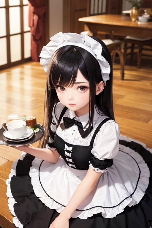 17 age,maid clothes,Ruffled sleeves, Black hair,Have tableware,Realistic,ultra -detail