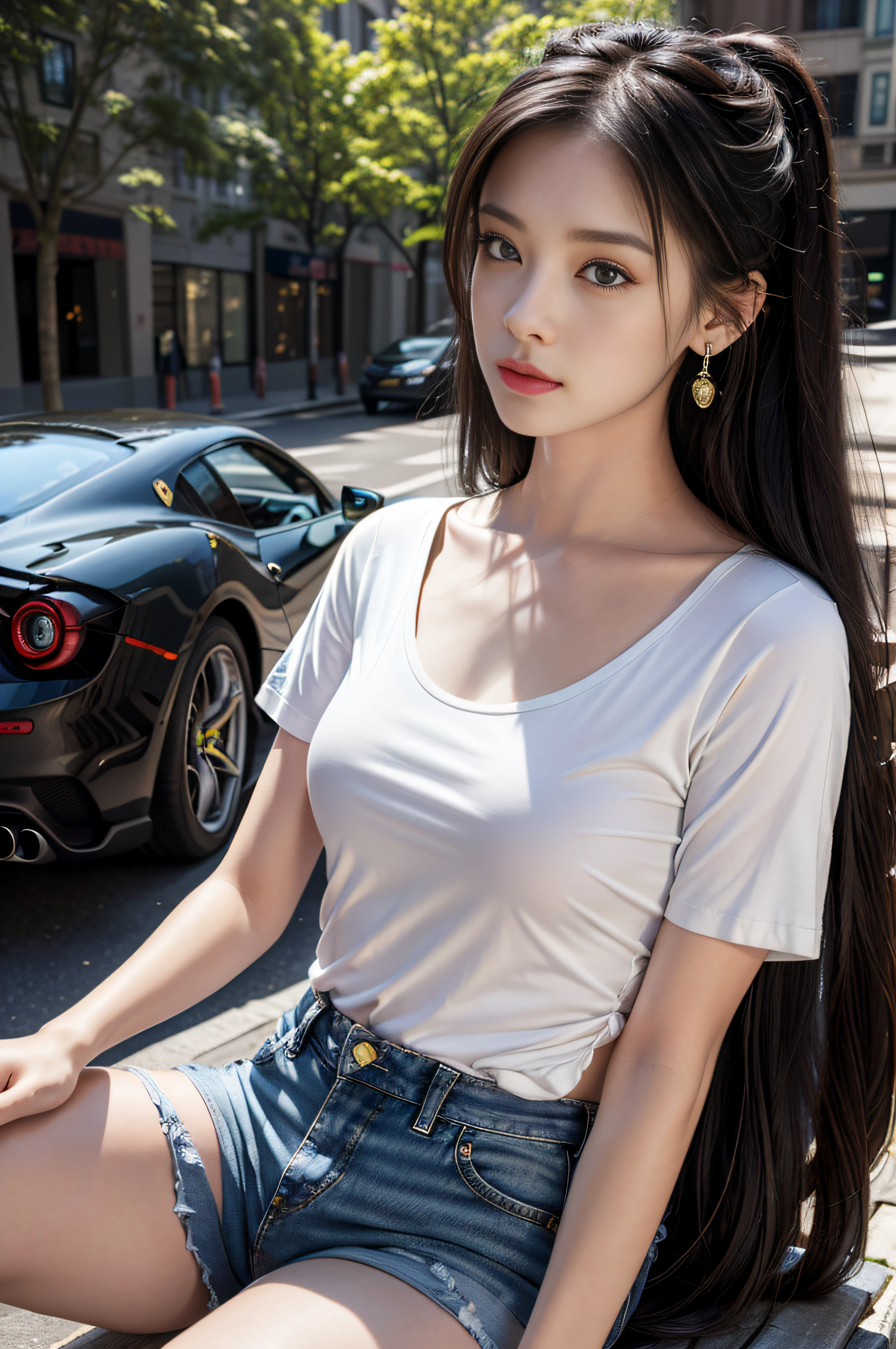 Best quality, masterpiece, super high resolution, (realistic: 1.4), original photo, (evening street), 1 girl, black eyes, looking at the audience, long hair, light makeup, lips, small ears, white t-shirt, denim shorts, earrings, sitting Ferrari, big breasts, slim