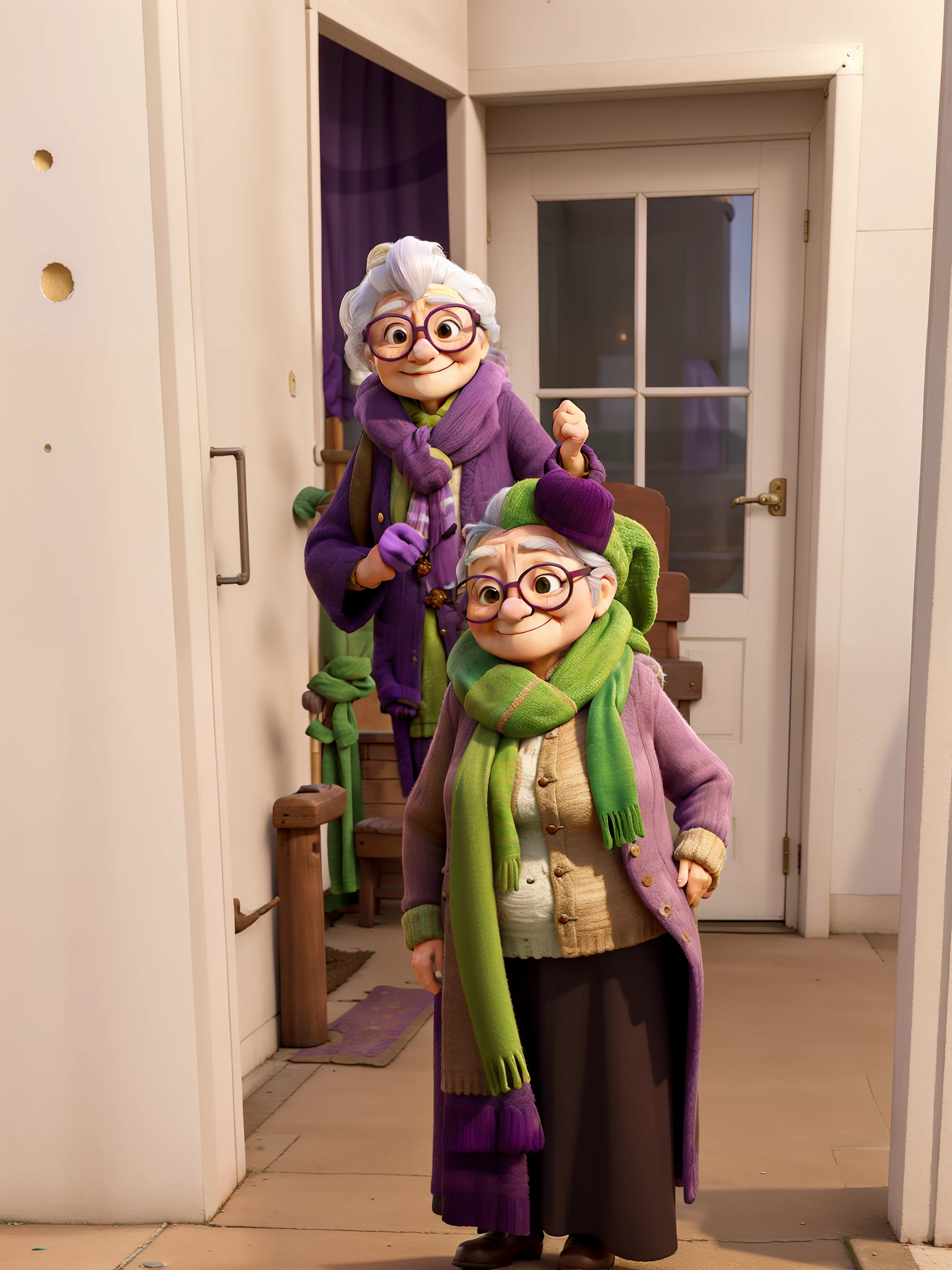 masterpiece, best quality, an old woman with glasses and a scarf on, wearing a purple coat and green scarf, standing at the park
