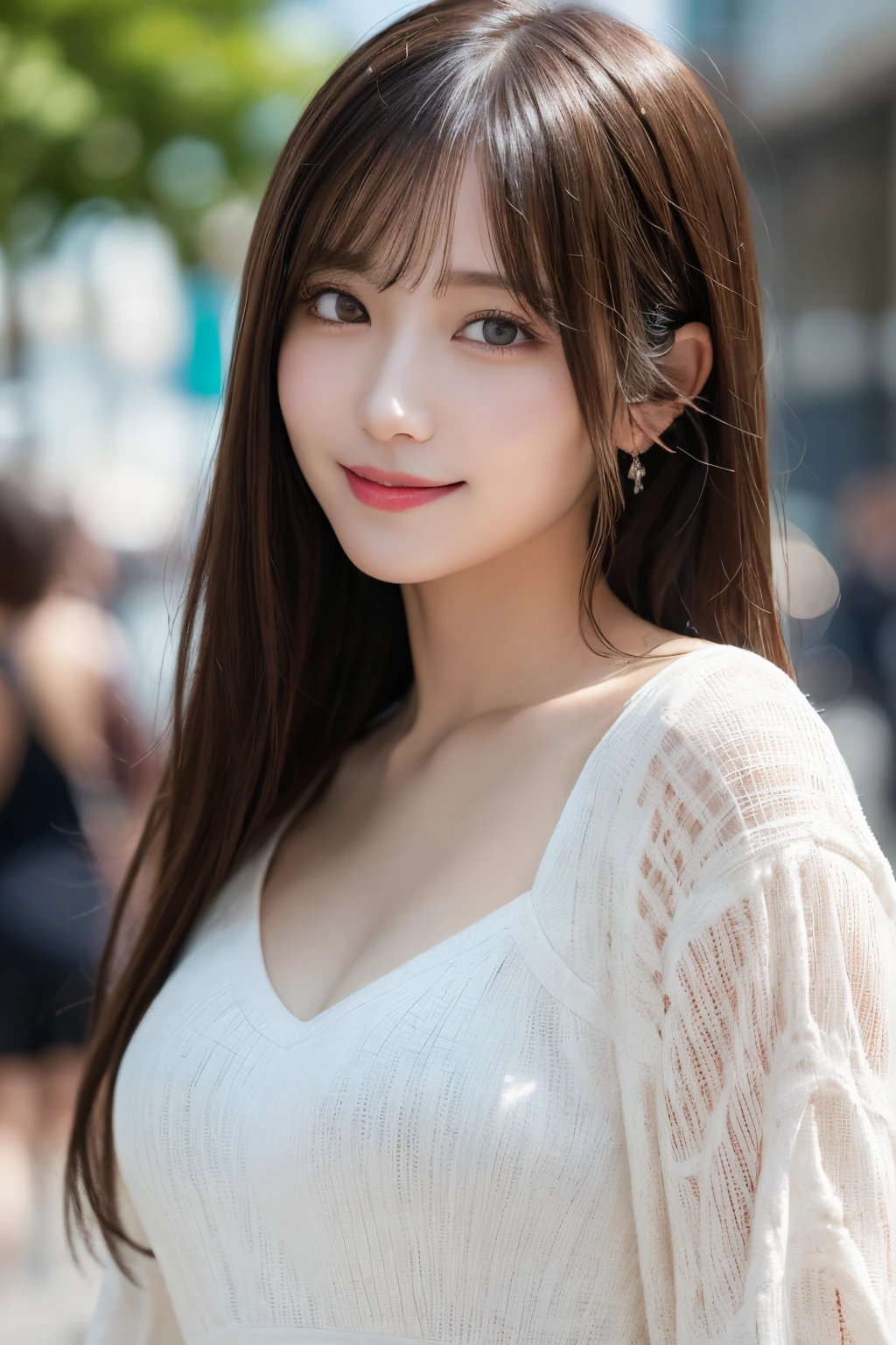 masutepiece, Best Quality, Illustration, Ultra-detailed, finely detail, hight resolution, 8K Wallpaper, Perfect dynamic composition, Beautiful detailed eyes, Women's Fashion Summer,Medium Hair,Small breasts natural color lip, Bold sexy poses,Smile,Harajuku、20 years girl、Cute、Sexy shot looking at camera