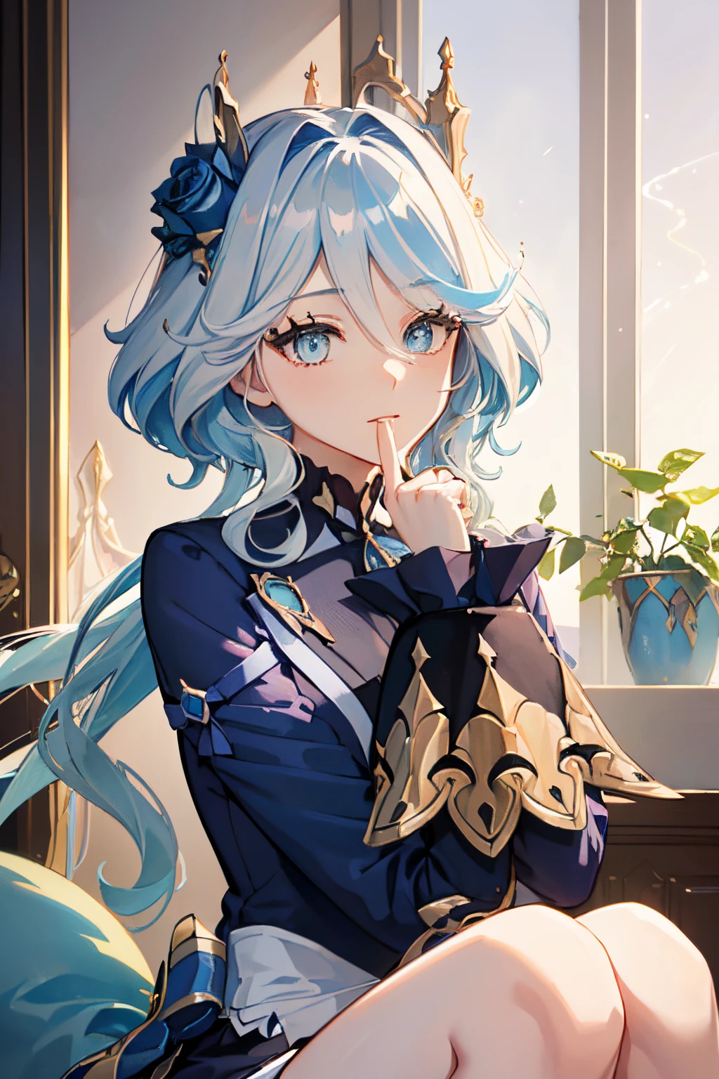Friner, surrealism, 8K, yes, Super detail, Hydroelectric Akron, upper legs, Sitting, ??? face, Smug, Beautiful eyes, Masterpiece, high resolution, 8K, anime woman, Delicate and meticulous text 、detailed digital illustration、(((Genshin Impact))、Shiny hair、A very beautiful woman、High image quality, High quality、Detailed background、The inside of the eye sparkles like a diamond、(((Blue hair)))、(((sweeping bangs)))、Gradient pupils、(((2 arms、4 fingers, 1 thumb)))、detailed feminine face、A very beautiful woman、、细致背景、tmasterpiece、Soft focus , Bright gradient watercolor , Lens flare , (((glitters))) , Glow , Dreamy ,、((Very beautiful light blue rose hair ornament)), Luxury room background