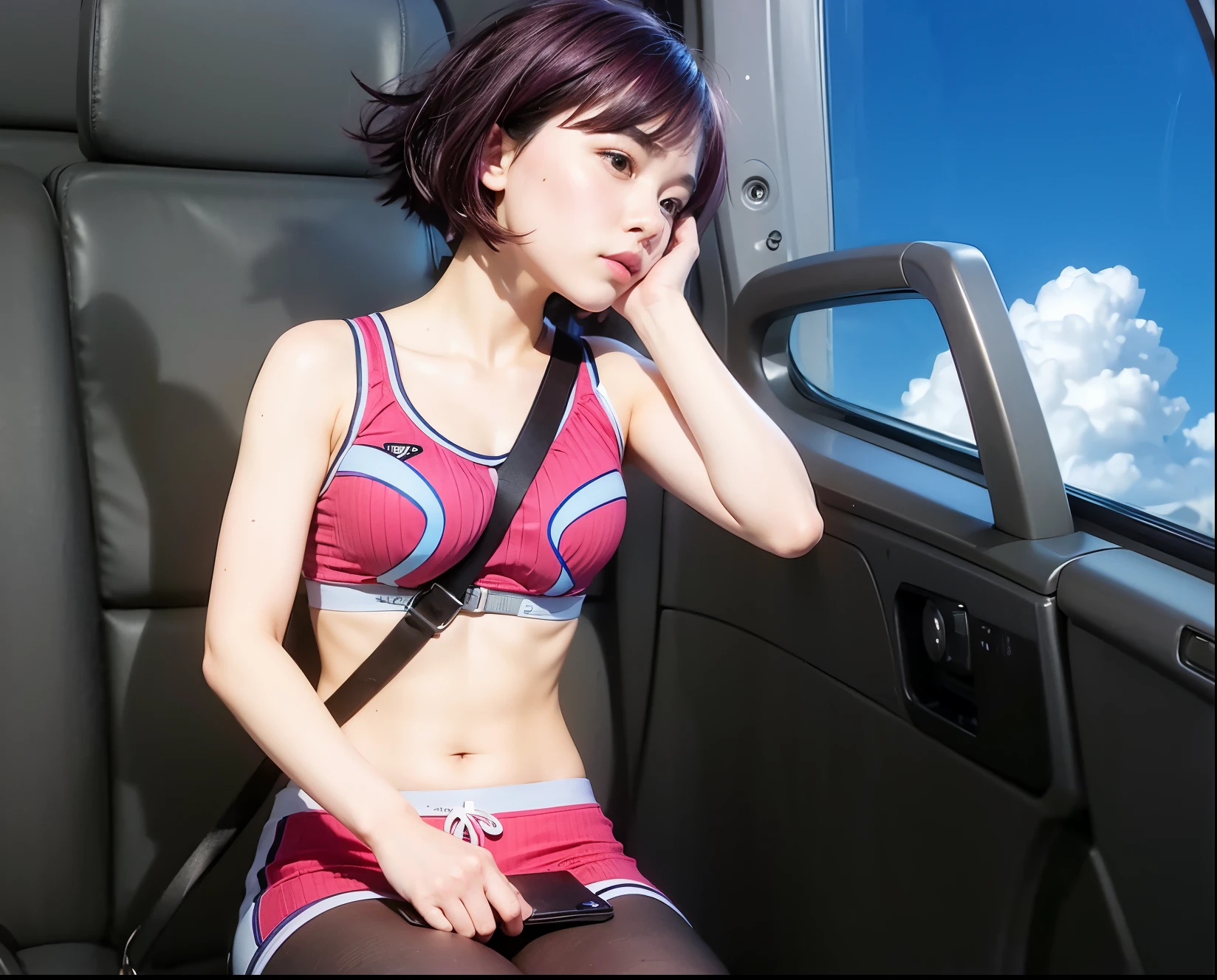 Girl, short purple hair, pink sports bra with white stripes, seatbelt