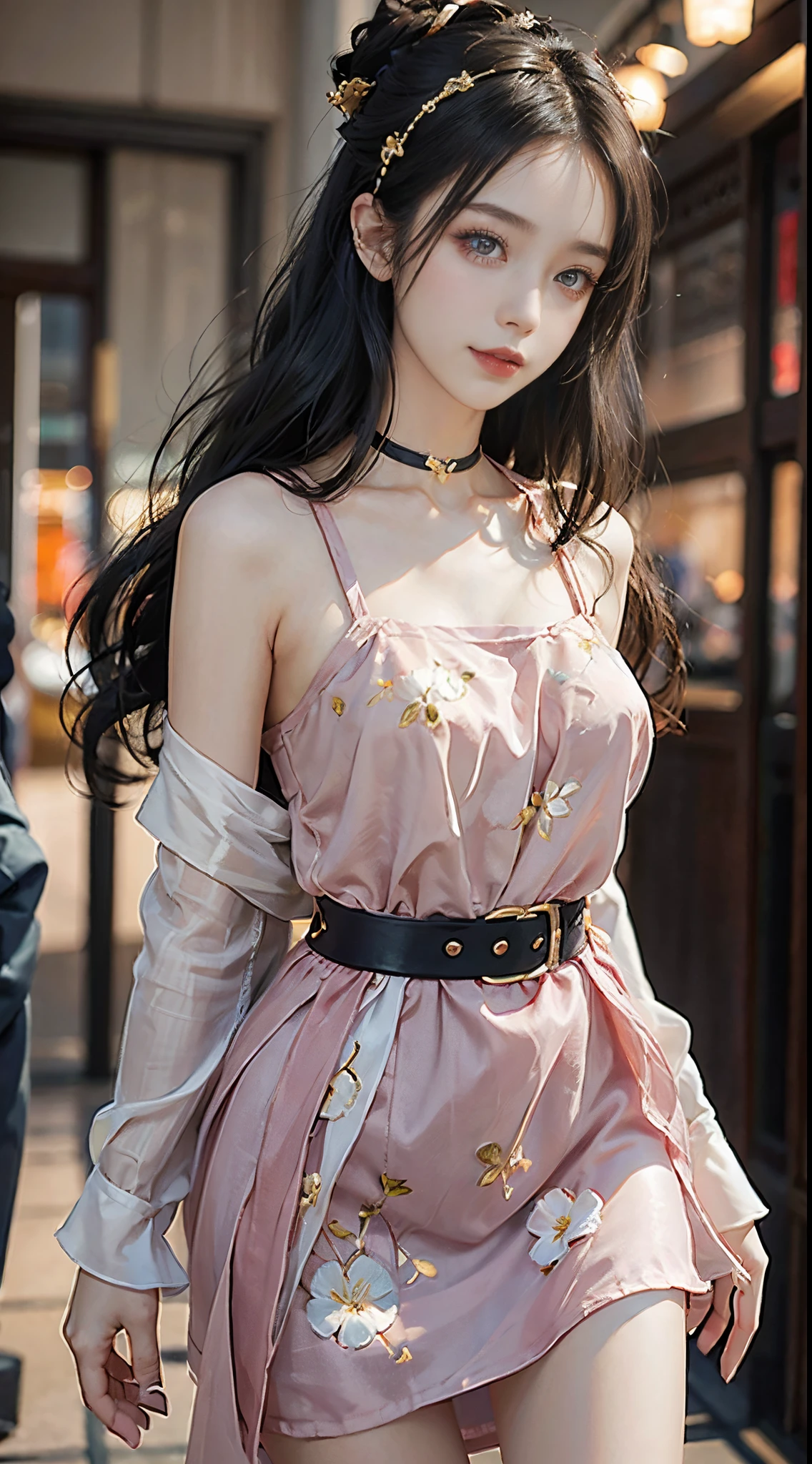 ((realistic)), a young girl, beautiful teenage girl, Long white floral dress, high-waist, Nice belt, cropped shoulders, slim, Slimming the waist, high-heels, Shy, grin, 耳Nipple Ring、choker necklace、Hairpins，Heavy makeup，Gorgeous eye makeup，extremely beautiful eyes, golden hair, curlies, Long flowing hair, simple backgound, On the mall escalator, Cross ed leg, Flirting skirts, posed for photo, posing elegantly, Random shooting angle, warm lights, a warm color palette, Professional lighting, フォトンマッピング, ラジオシティ, Physically-based rendering, RAW photos, Best quality, beauitful face,  Beautiful skins， Attractive， 超高分辨率， ultra real photo