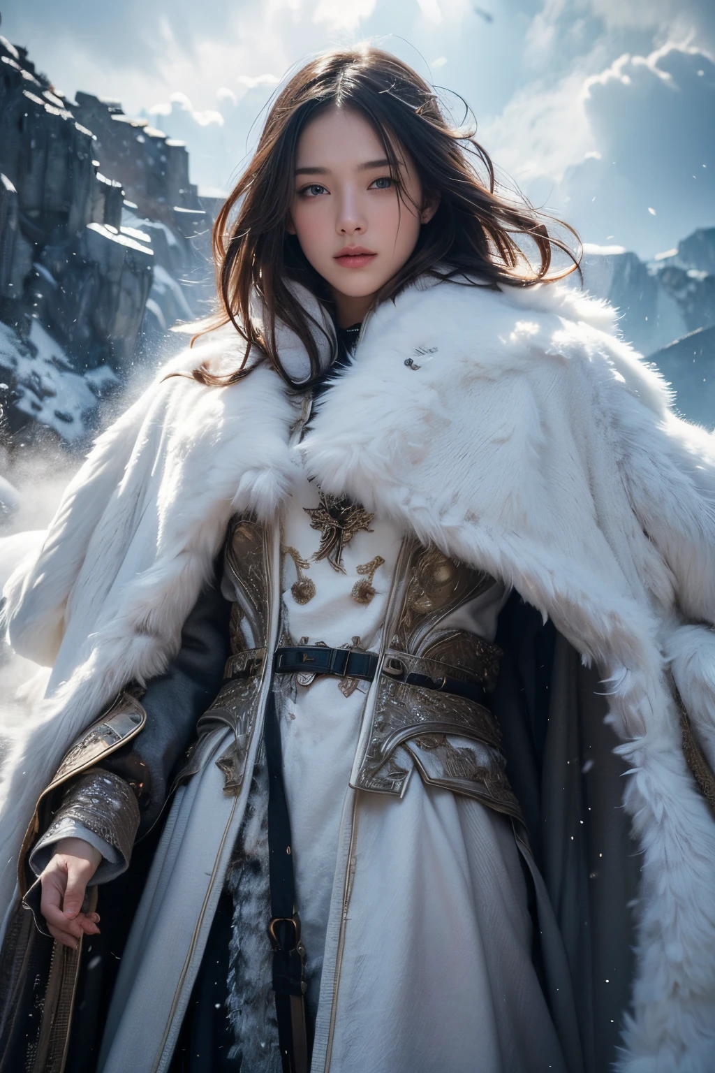 cape made out of exploding snow cloud, by Mark Mann, Wlop, Albrecht Dürer, wlop, muted wet colors, intricate detailed, stunning, fire, smoke, beautiful, cloudy, fluffy, static charge, snowy, artistic masterwork by head of prompt engineering