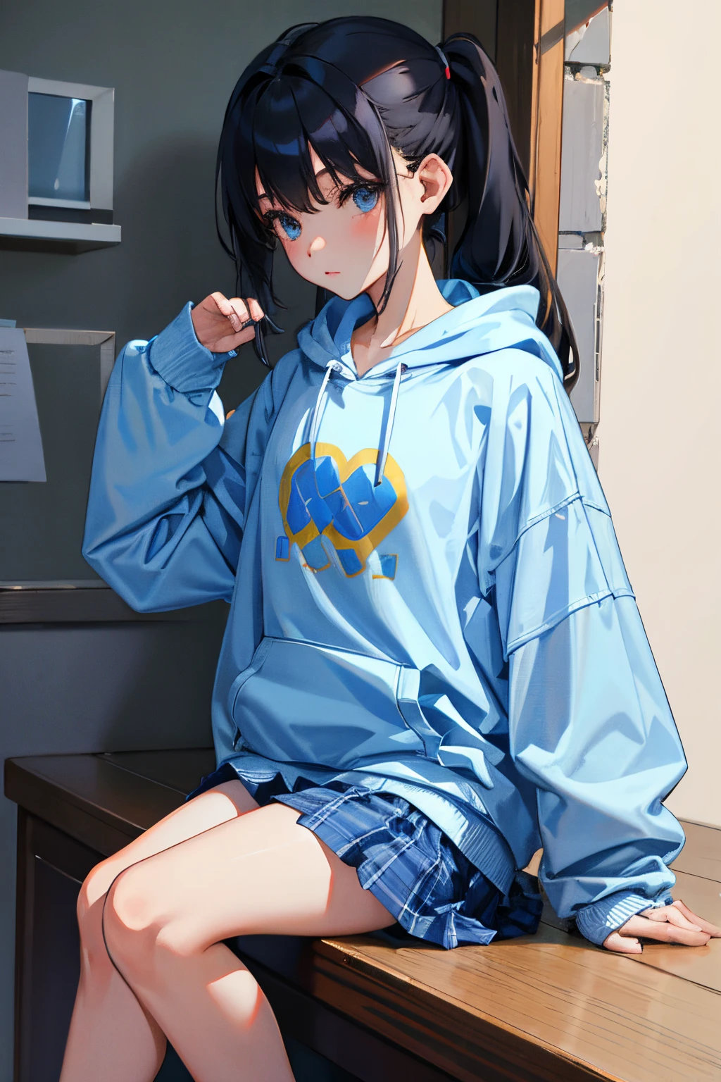 ，（​masterpiece，Highest Quality），Light blue sheer hoodie，plaid skirts，A dark-haired，Twin-tailed