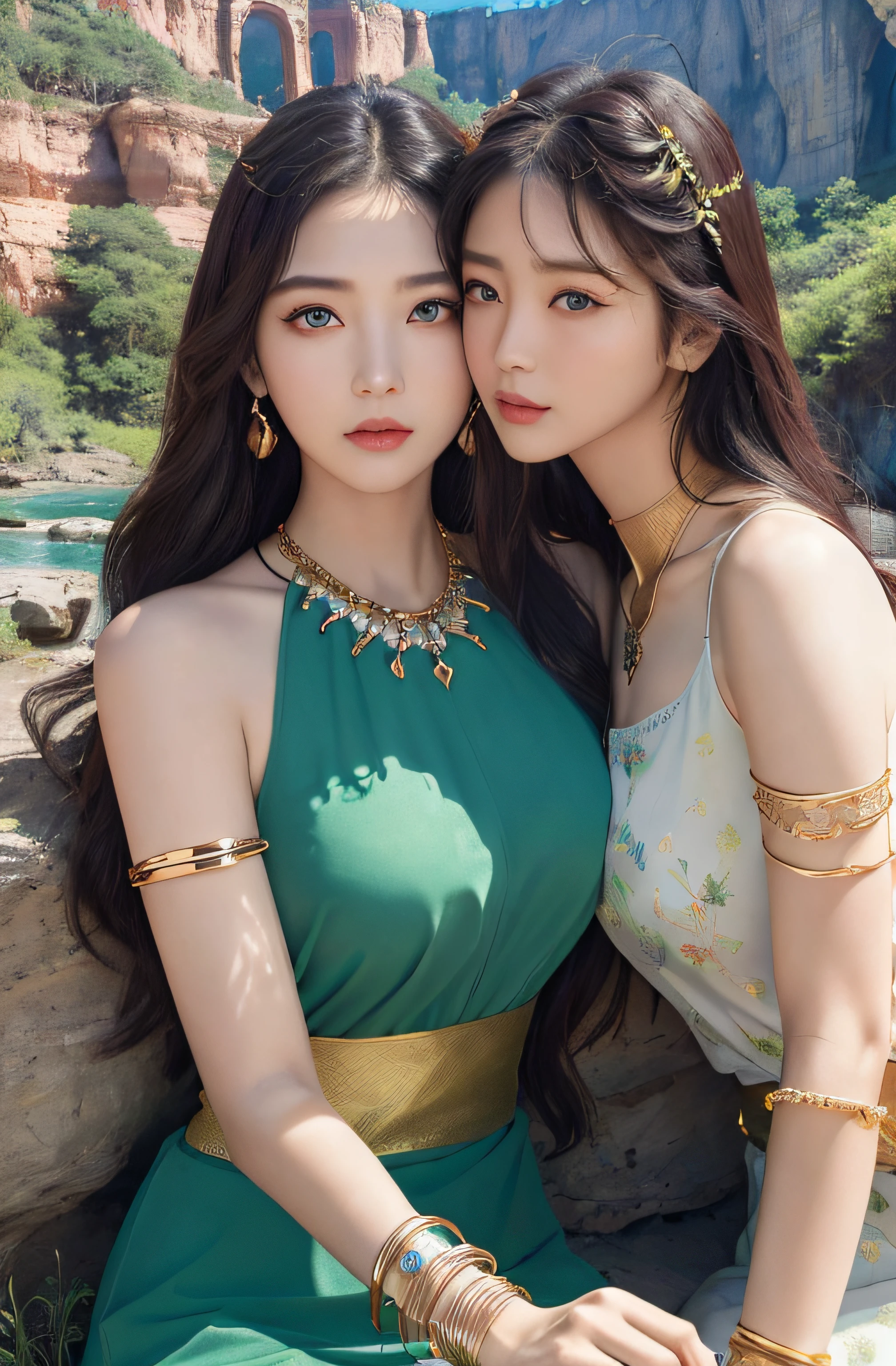 ((Realistic:1.5)),Ulzzang-6500:1.4,((Best quality)), ((Masterpiece)),((Detailed)),2girls,duo,{2 beautiful women}, (Upper body:1.3),Hug and touch each other, Tease your friend's waist, Breathless friends, Biting a friend's earlobe, crouched,super wide shot,Face focus, Long legs,Curvy, Barefoot,Wide hips, Thin legs, Oversized eyes,Long eyelashes, (Detailed face,beautidful eyes, detailedpupils,detailed clothes features, Clear background:1.3), (armlets, bangle:1.3), Mysterious ancient ruins, floresta exuberante, Deep canyon,bridge,River,cliff,Cloud,lakes,Rock music,Waterfalls, Flowers, Grass,grape trees,tree,bright detail,Sharp,Perfect compounding, Intricate, Sharp focus, Dramatic,