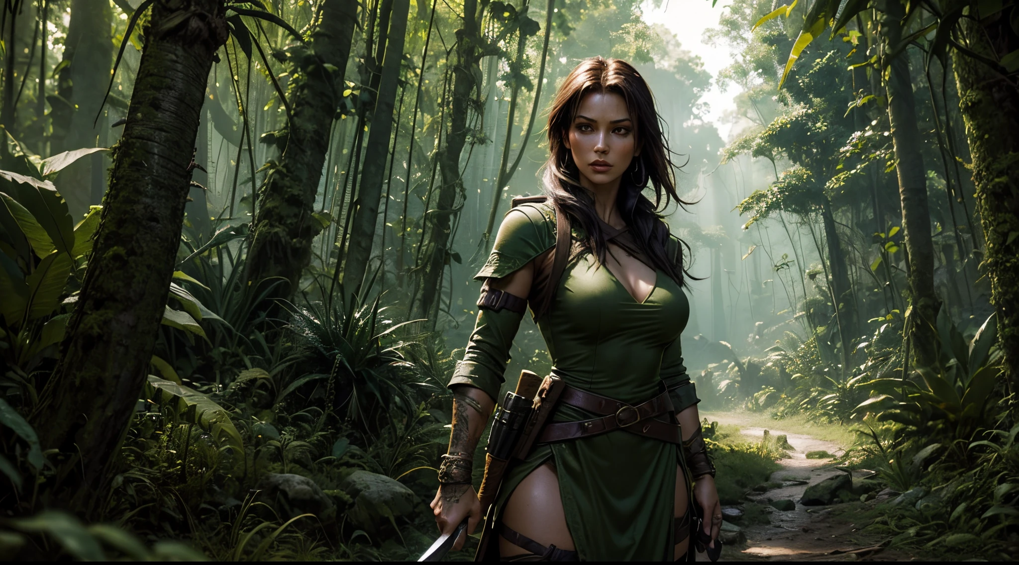 medium shot of a woman in a green dress holding a knife and a sword, Lara croft medieval, gorgeous jungle ranger, beautiful female warrior, fashionable RPG clothing, warrior outfit, forest hunter lady, seductive cyberpunk dark fantasy, mighty princess of the wasteland, fantasy style clothing, post apocalyptic style, female warrior, north adult female warrior, only one person