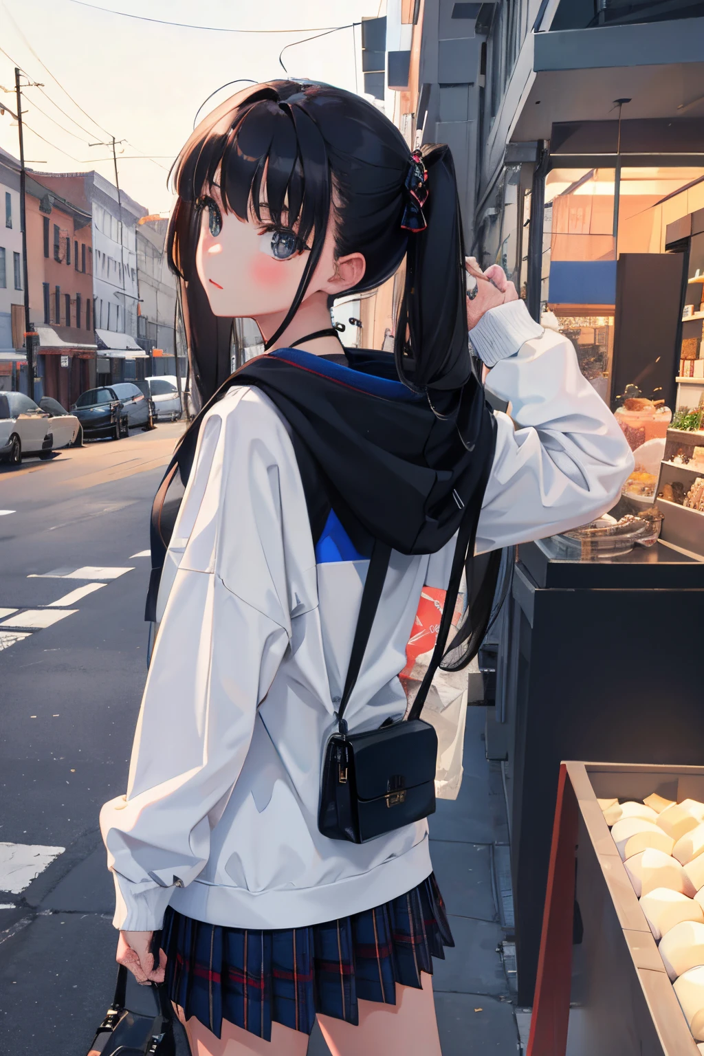 Looks Back,raise a hand,,(masterpiece,Highest Quality),Navy light hoodie,plaid skirts,A dark-haired,Twin-tailed,porche,The port town