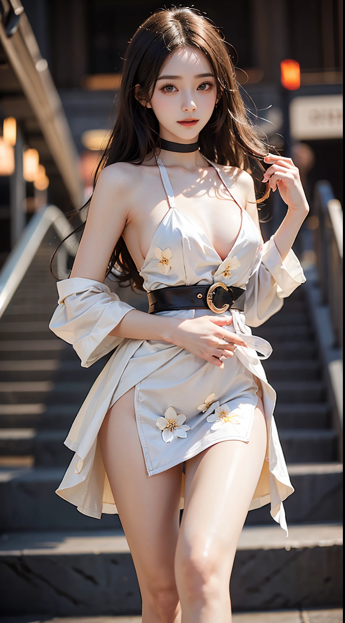 ((realistic)), a young girl, beautiful age girl, Long white floral dress, high-waist, Nice belt, cropped shoulders, slim, Slimming the waist, high-heels, Shy, grin, 耳Nipple Ring、choker necklace、Hairpins,Heavy makeup,Gorgeous eye makeup,extremely beautiful eyes, golden hair, curlies, Long flowing hair, simple backgound, On the mall escalator, Cross ed leg, Flirting skirts, posed for photo, posing elegantly, Random shooting angle, warm lights, a warm color palette, Professional lighting, フォトンマッピング, ラジオシティ, Physically-based rendering, RAW photos, Best quality, beauitful face, Beautiful skins, Attractive, 超高分辨率, ultra real photo