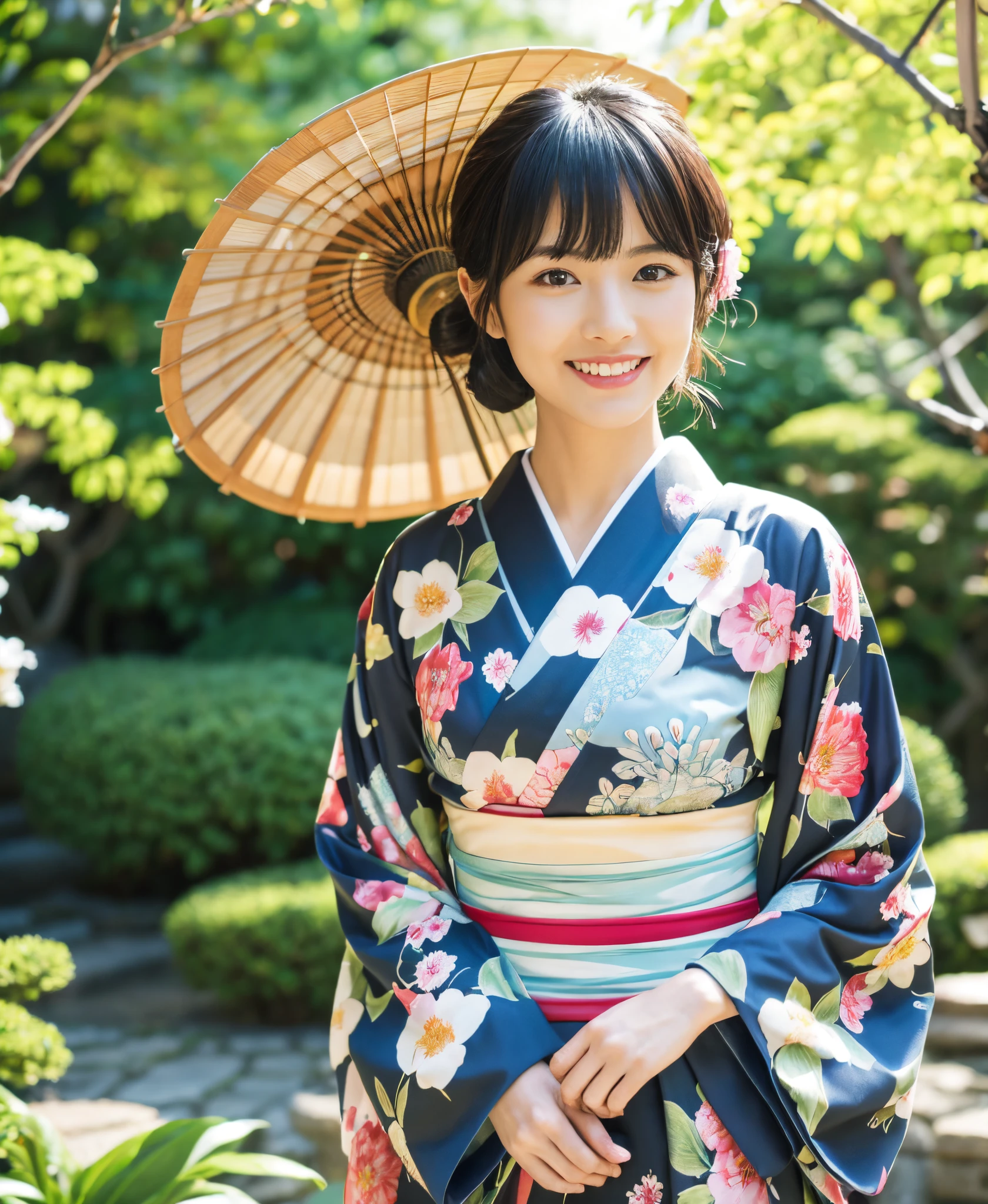 ((masutepiece)), 8K, masutepiece, Best Quality, Woman, garden, Photorealistic, super detailed, Detailed background, (Solo: 1.4), Happy expression, Highly detailed hair, masutepiece, Best Quality, waist shot , (Japanese style) background at room)), Smile, ((looking in camera)), Straight black hair, asymmetrical bangs, A woman in a floral kimono is standing, japanese kimono, light-colored bands, komono, Traditional Japan,