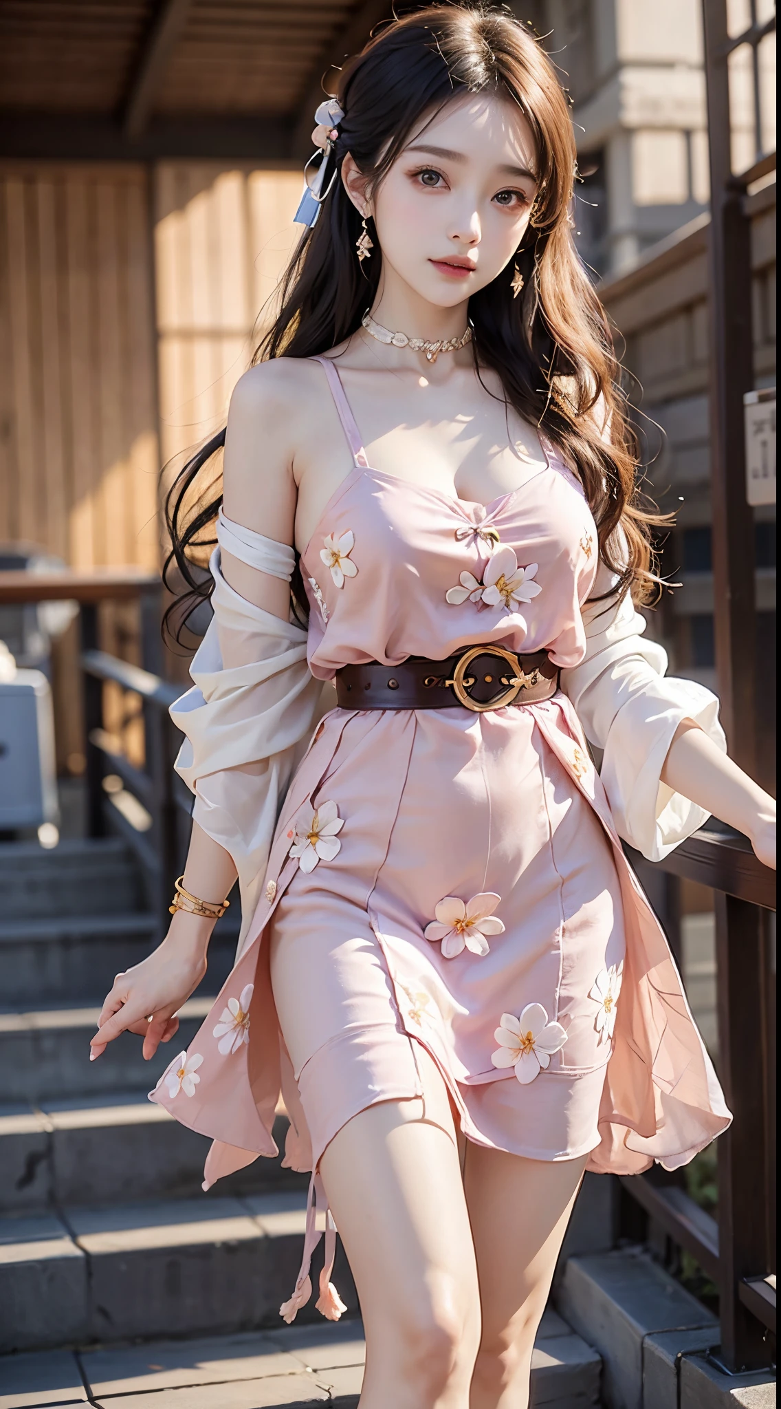 ((realistic)), a young girl, beautiful teenage girl, Long white floral dress, high-waist, Nice belt, cropped shoulders, slim, Slimming the waist, high-heels, Shy, grin, 耳Nipple Ring、choker necklace、Hairpins，Heavy makeup，Gorgeous eye makeup，extremely beautiful eyes, golden hair, curlies, Long flowing hair, simple backgound, On the mall escalator, Cross ed leg, Flirting skirts, posed for photo, posing elegantly, Random shooting angle, warm lights, a warm color palette, Professional lighting, フォトンマッピング, ラジオシティ, Physically-based rendering, RAW photos, Best quality, beauitful face,  Beautiful skins， Attractive， 超高分辨率， ultra real photo