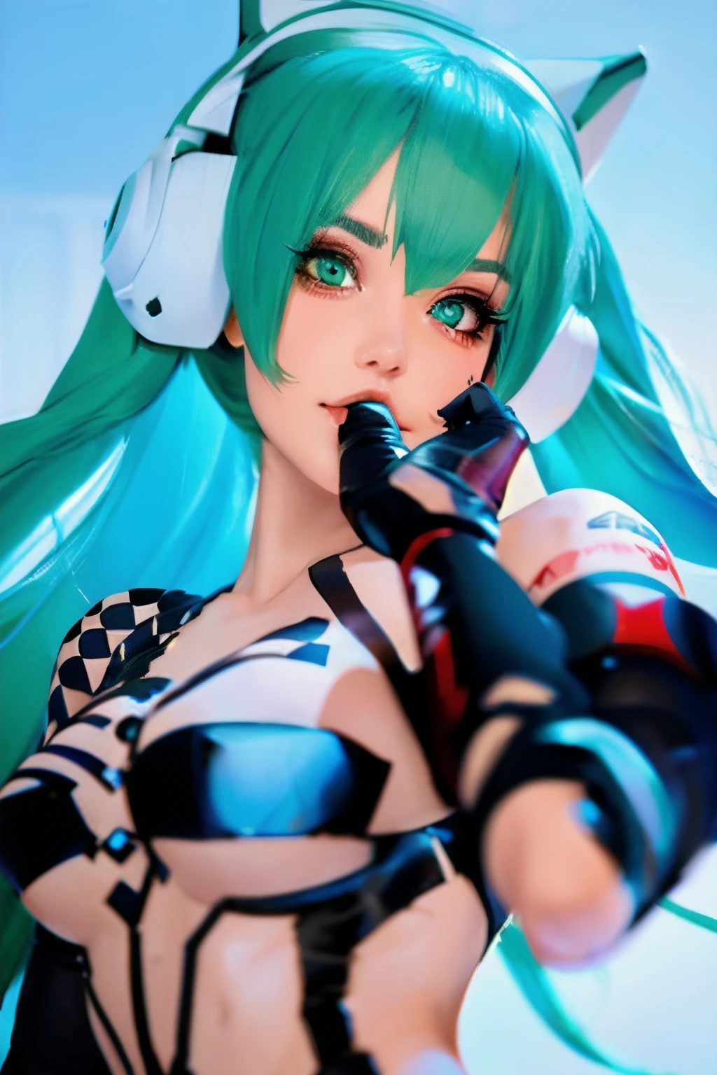 girl with long green hair, green eyes, futuristic vibes, mask on mouth, headphones, 8k, high quality, simple background, glowing eyes, nice pose