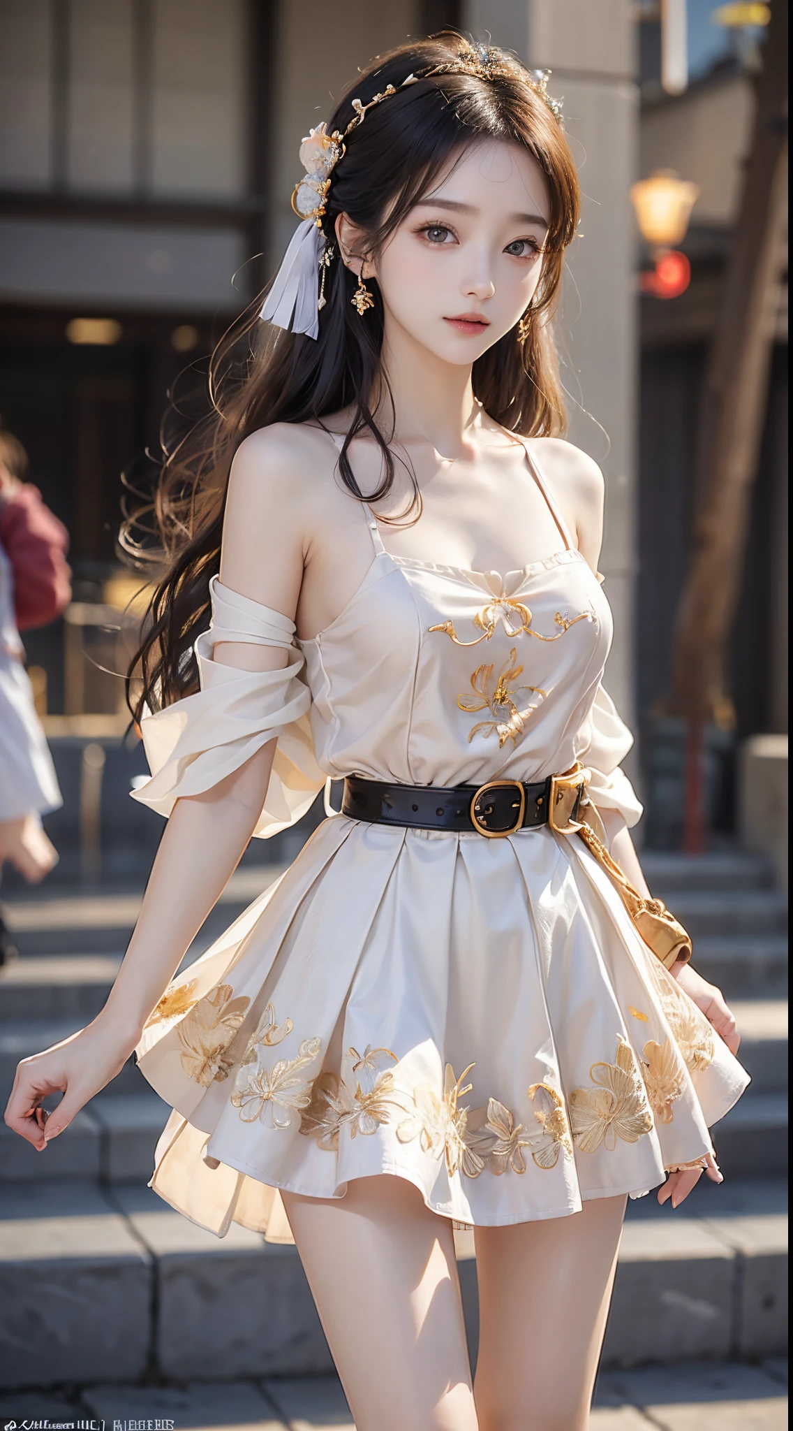 ((realistic)), a young girl, beautiful teenage girl, Long white floral dress, high-waist, Nice belt, cropped shoulders, slim, Slimming the waist, high-heels, Shy, grin, 耳Nipple Ring、choker necklace、Hairpins，Heavy makeup，Gorgeous eye makeup，extremely beautiful eyes, golden hair, curlies, Long flowing hair, simple backgound, On the mall escalator, Cross ed leg, Flirting skirts, posed for photo, posing elegantly, Random shooting angle, warm lights, a warm color palette, Professional lighting, フォトンマッピング, ラジオシティ, Physically-based rendering, RAW photos, Best quality, beauitful face,  Beautiful skins， Attractive， 超高分辨率， ultra real photo