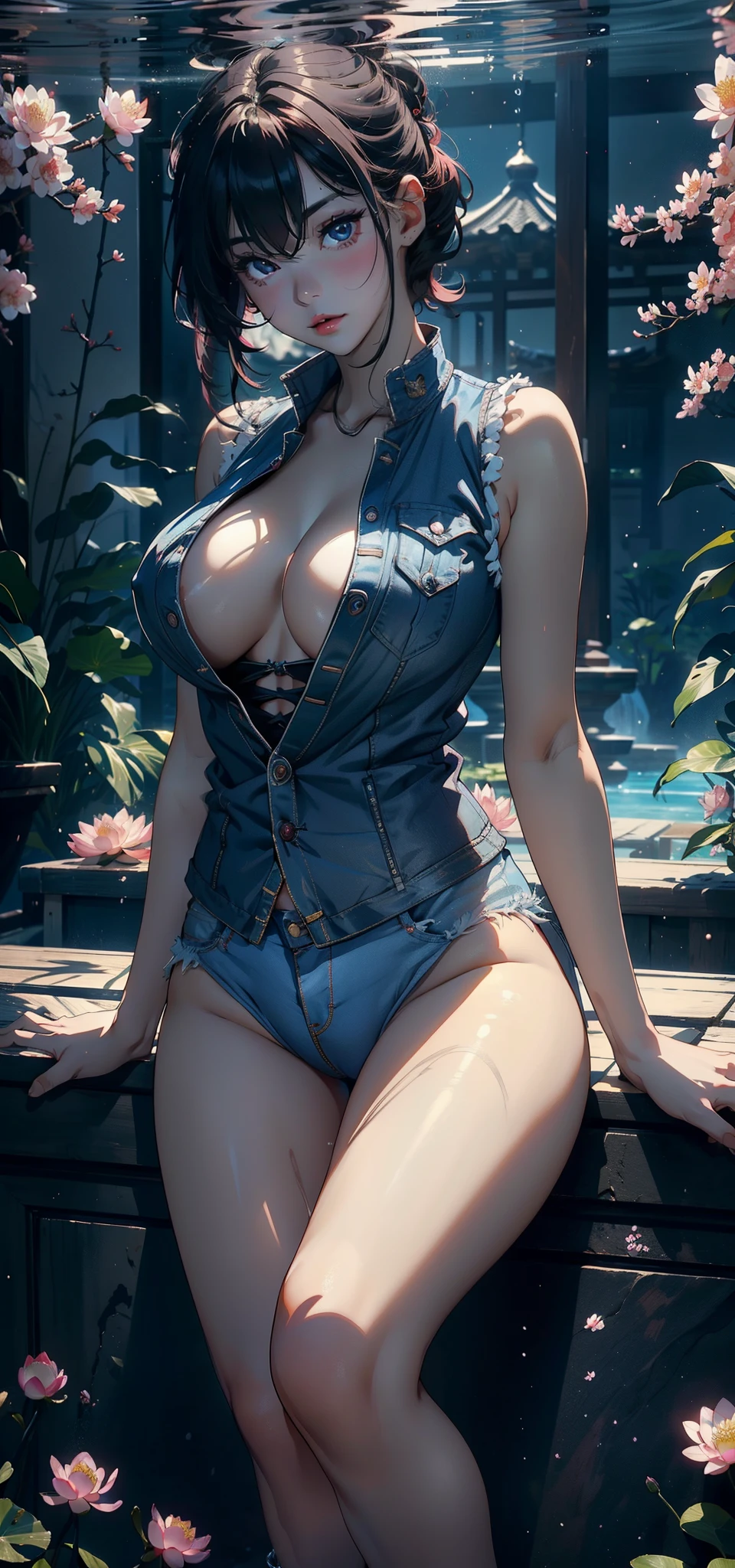 1female,45 yers old,Married woman,熟妇,plum,very big boobs, 独奏,(Background with:ponds,cherry blossom forest,lotus flower)Lie underwater, She has short pink hair,seen from the front,, The sky is mostly cloudy,(((tmasterpiece),(Very detailed CG unified 8k wallpaper),Best quality,电影灯光,detailed back ground,美丽细致的眼睛,Bright pupils,黑The eye,Snow-whiteskin,Redlip(Very delicate and beautiful),(Beautiful and detailed eyes description),ultra - detailed,tmasterpiece,))facing at the camera,A high resolution,ultra - detailed),Expose breasts exposed,Bare genitals, convex,legs are open,Raised sexy,Camel toes,longing unsatisfied,street frontage,(dressed in:Blue denim vest,open vest,black colored leggings,)