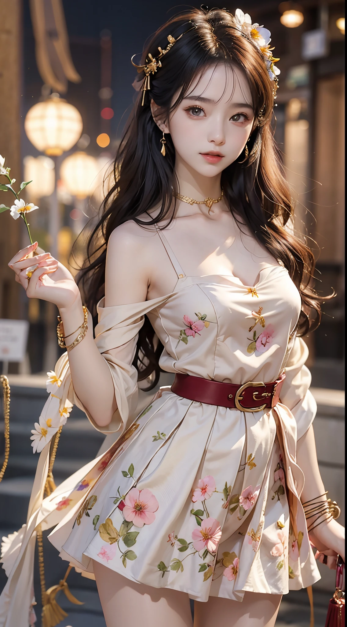 ((realistic)), a young girl, beautiful teenage girl, Long white floral dress, high-waist, Nice belt, cropped shoulders, slim, Slimming the waist, high-heels, Shy, grin, 耳Nipple Ring、choker necklace、Hairpins，Heavy makeup，Gorgeous eye makeup，extremely beautiful eyes, golden hair, curlies, Long flowing hair, simple backgound, On the mall escalator, Cross ed leg, Flirting skirts, posed for photo, posing elegantly, Random shooting angle, warm lights, a warm color palette, Professional lighting, フォトンマッピング, ラジオシティ, Physically-based rendering, RAW photos, Best quality, beauitful face,  Beautiful skins， Attractive， 超高分辨率， ultra real photo