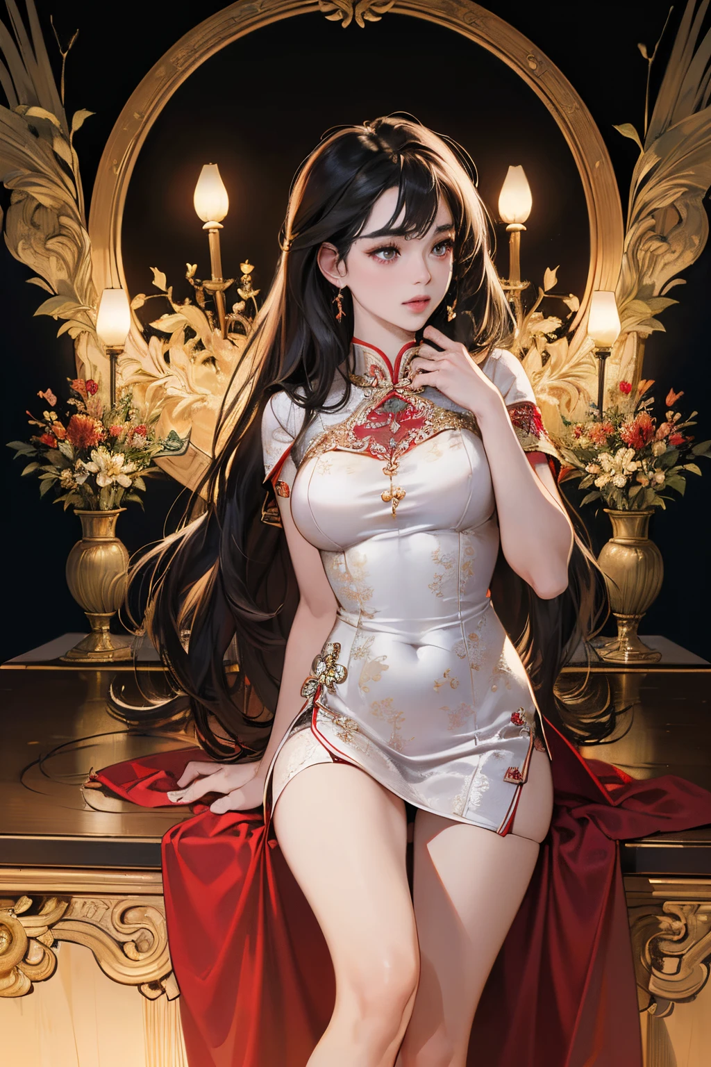 Best quality, (RAW photo: 1.2), (Masterpiece: 1.4), (Realistic: 1.4), (High resolution: 1.4), Chinese actress Gulinazha, depth of field, intricate details, 8k, very detailed, perfect lighting, epic background, big bust 1.3, cheongsam, large open 1.3 ((chest exposed)), perfect legs, panty red , beautiful hip ,