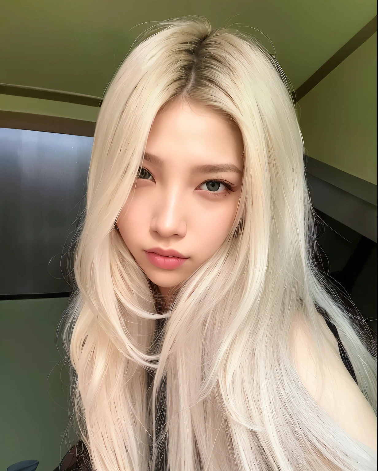um close up de uma mulher com longos cabelos loiros e uma camisa preta, com longos cabelos brancos, com cabelos longos brancos, Parque Roseanne do Blackpink, pale hair, her hair is white, cor do cabelo branco, branco hime corte penteado, com longos cabelos loiros, very very pale blond hair, extremely pale blond hair, Branco - Cabelos Loiros, cabelo branco bonito, cabelos loiros brancos